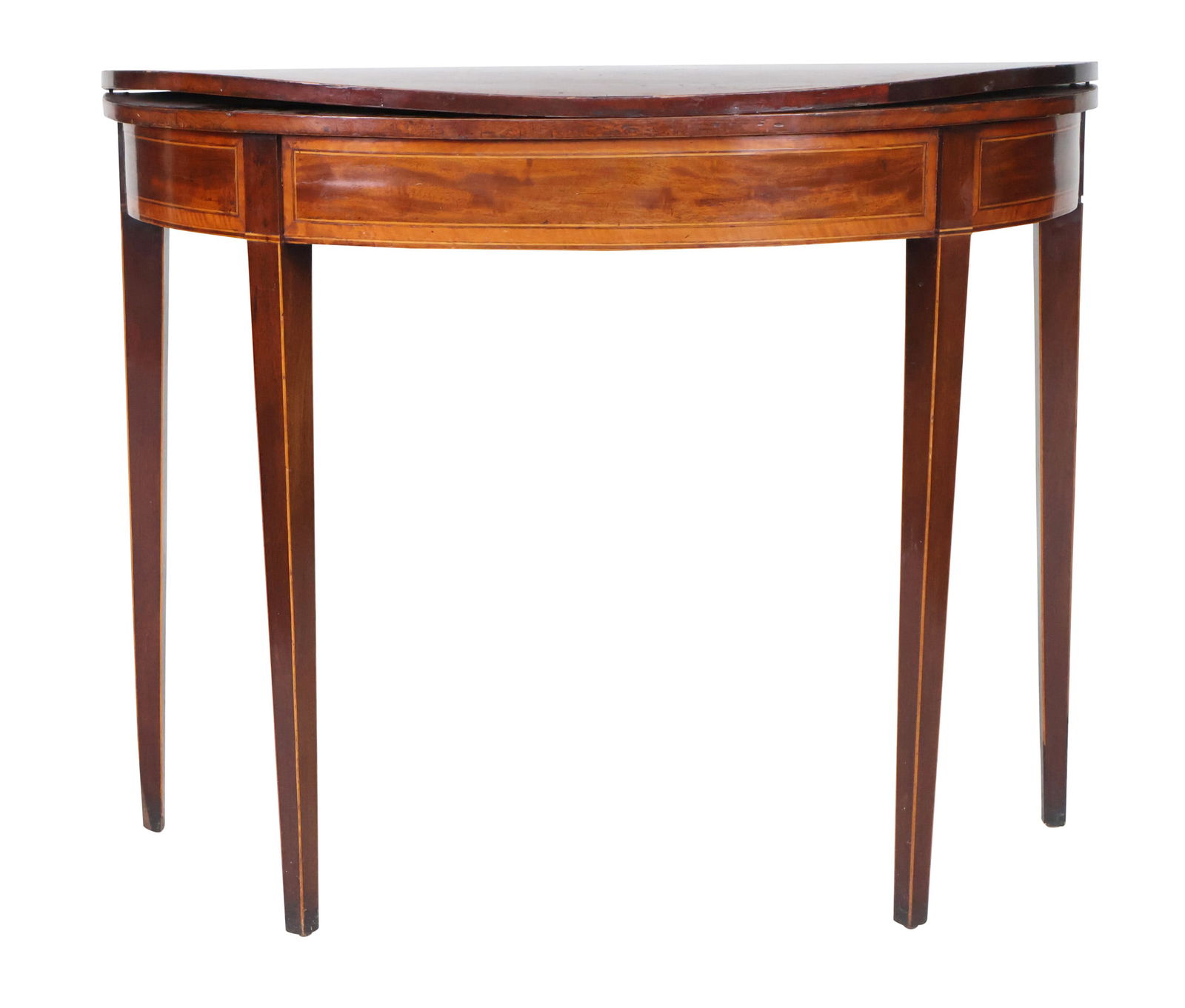 George III Inlaid Mahogany Demi-Lune Games Table: George III Inlaid Mahogany Demi-Lune Games TableLate 18th C.29 x 36 x 18 in. (73.7 x 91.4 x 45.7 cm.)