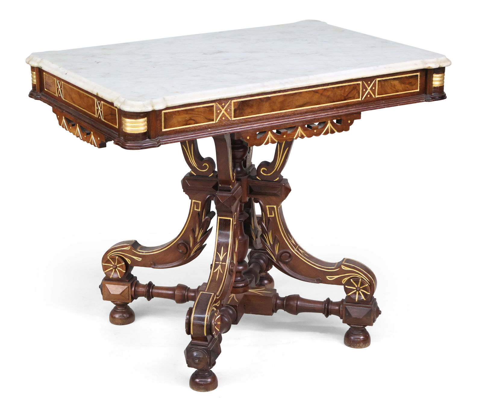 Victorian Gilt Incised Walnut Marble Top Center Table: Victorian Gilt Incised Walnut Marble Top Center TableAmerican, late 19th C. with elaborate intricately carved pedestal base.30 1/4 x 36 x 25 in. (76.8 x 91.4 x 63.5 cm.)