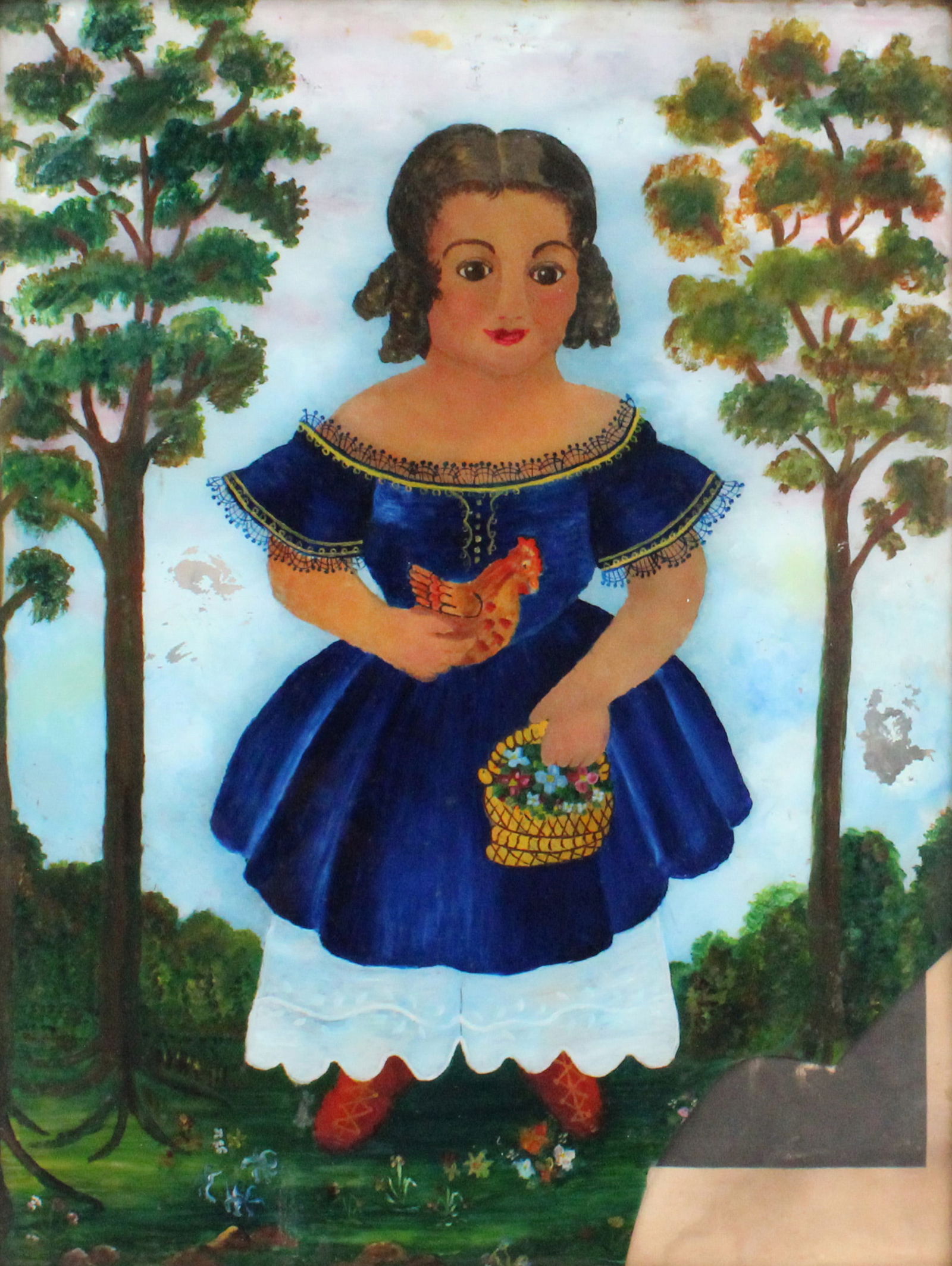 Eglomise Portrait of a Girl in a Blue Dress: Eglomise Portrait of a Girl in a Blue DressAmerican, 19th C.Losses to lower right side, some pieces present.Sight: 33 1/2 x 25 1/2 in. (85.1 x 64.8 cm.), Frame: 37 1/2 x 29 1/2 in. (95.3 x 74.9 cm.)