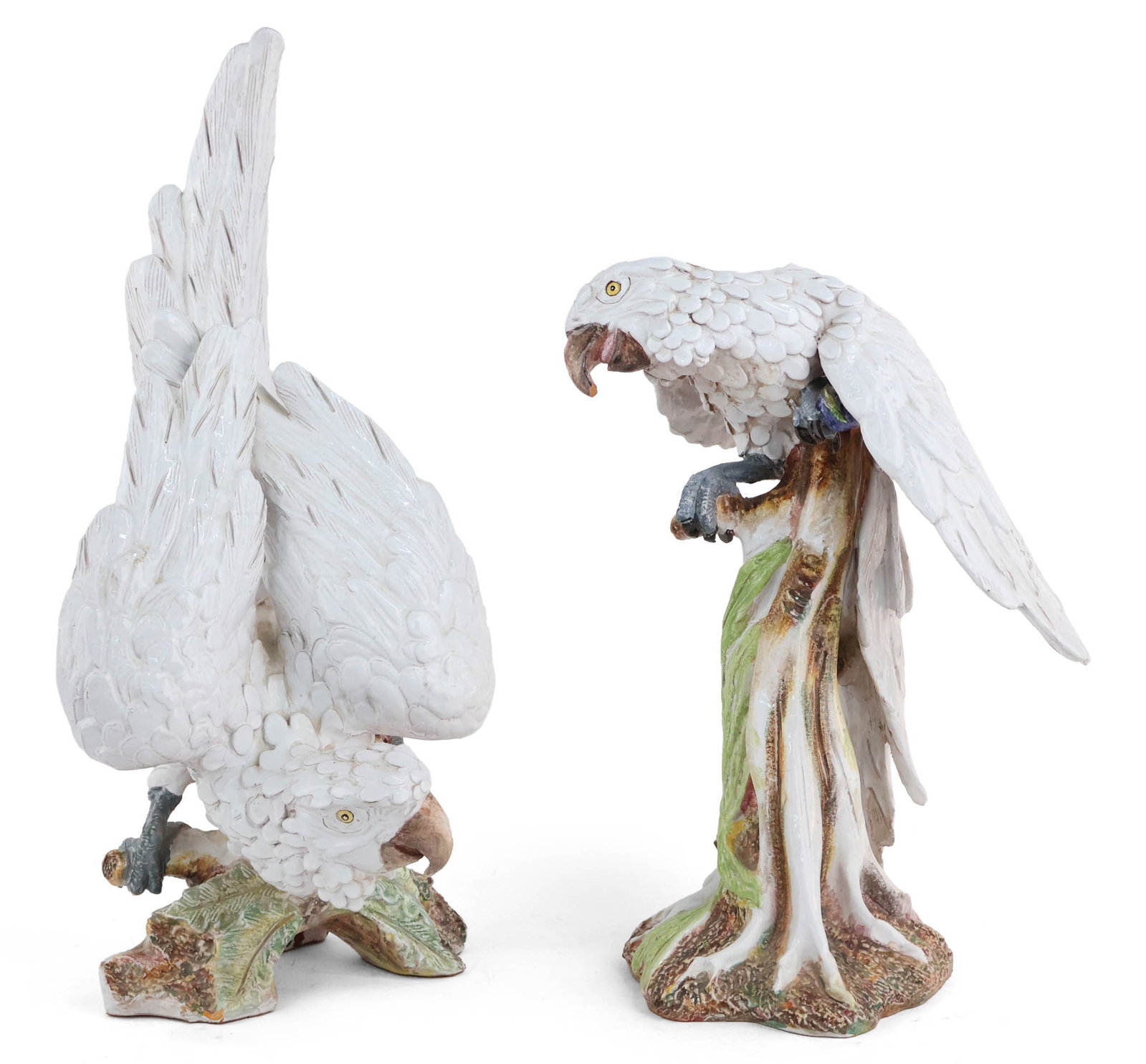 Pair of Italian Majolica Cockatiels: Pair of Italian Majolica Cockatiels Large white birds. Losses and older repairs. 20 in. (50.8 cm.), and 26 in. (66 cm.)