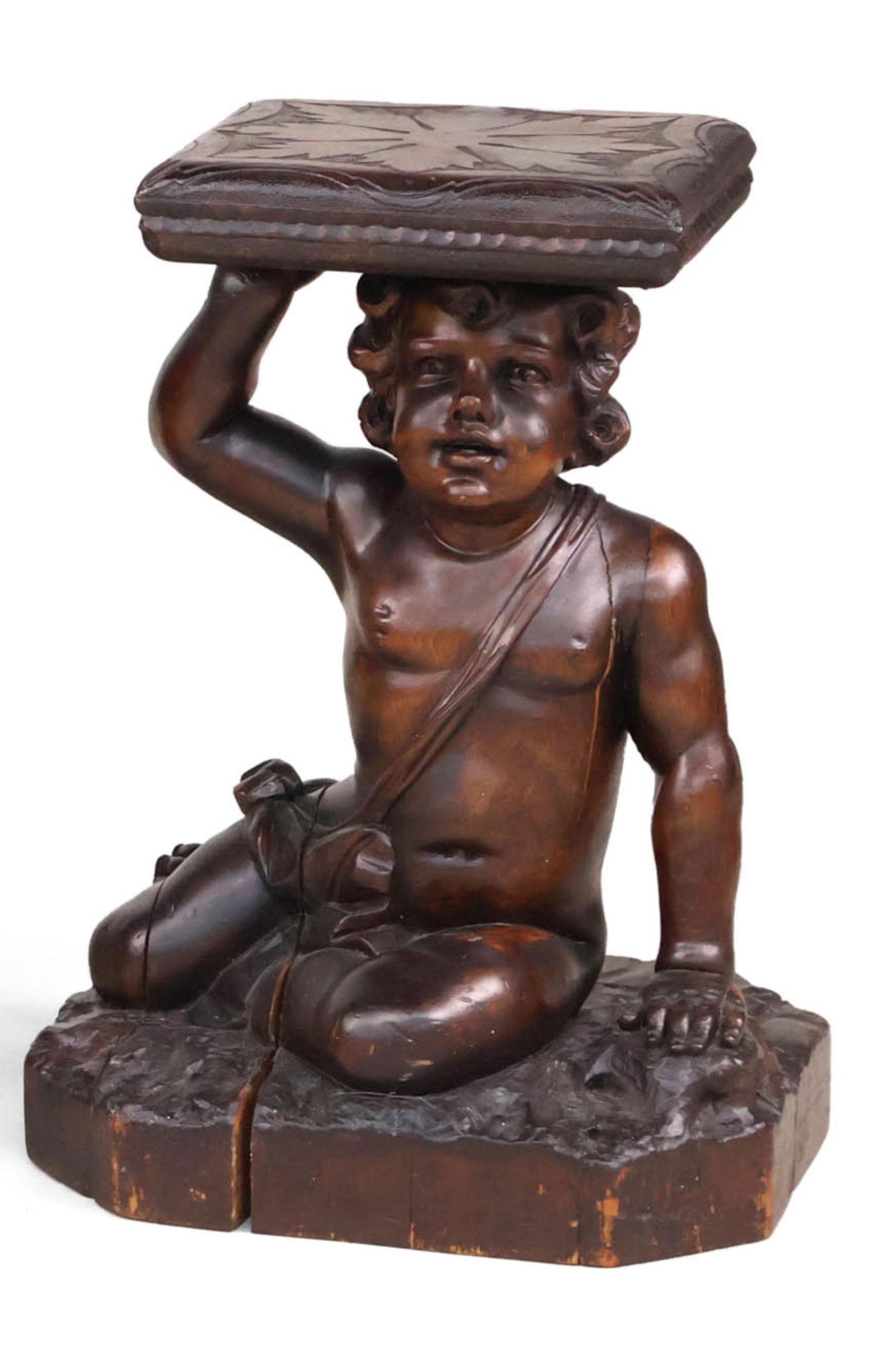 Carved Wood Figural Stand: Carved Wood Figural StandCracks to base.21 1/4 x 15 1/2 x 13 1/2 in. (54 x 39.4 x 34.3 cm.)