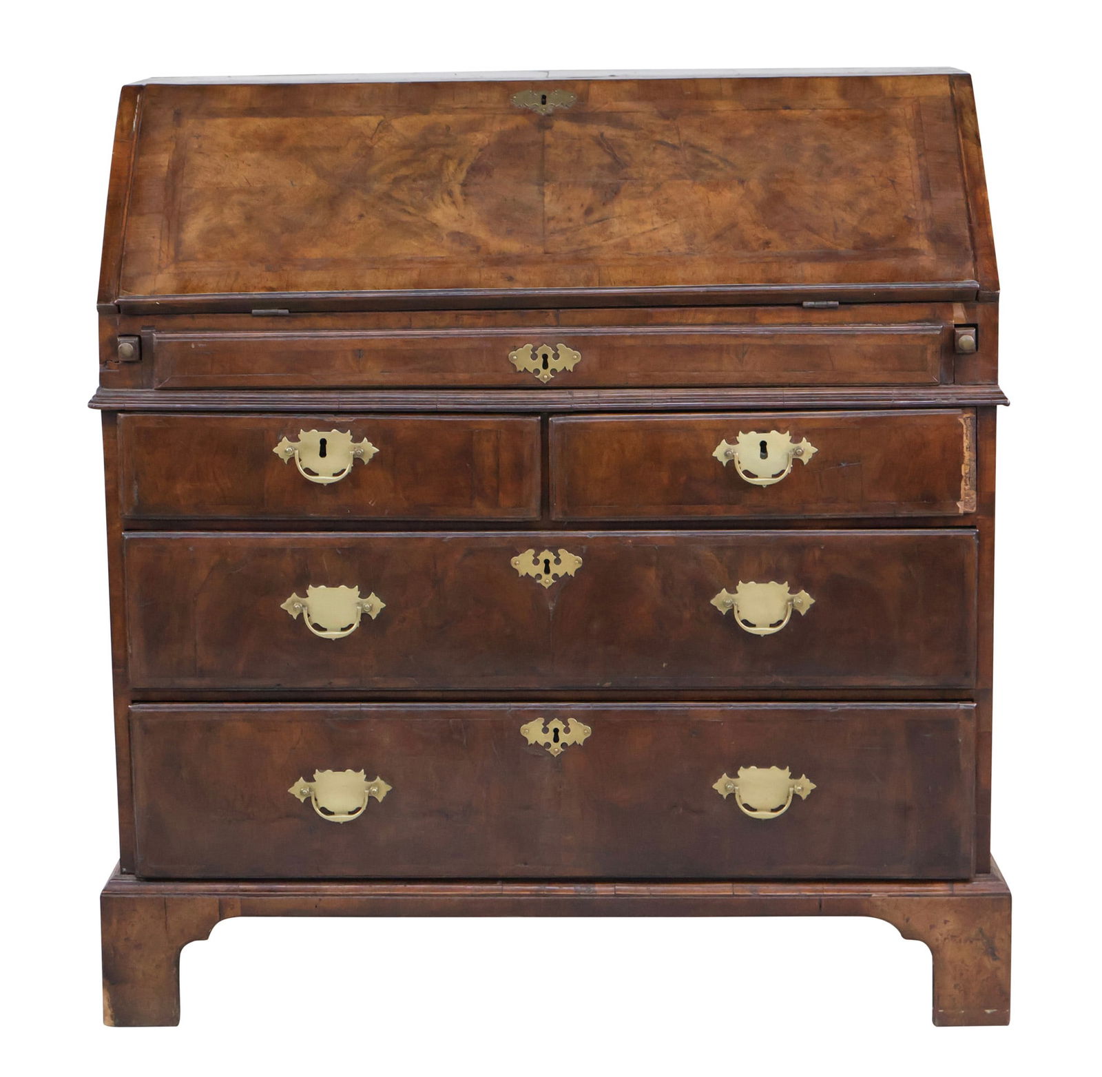 George I Walnut Slant Front Desk: George I Walnut Slant Front DeskEnglish, 18th C.Losses, wear.40 x 39 1/4 x 20 1/2 in. (101.6 x 99.7 x 52.1 cm.)