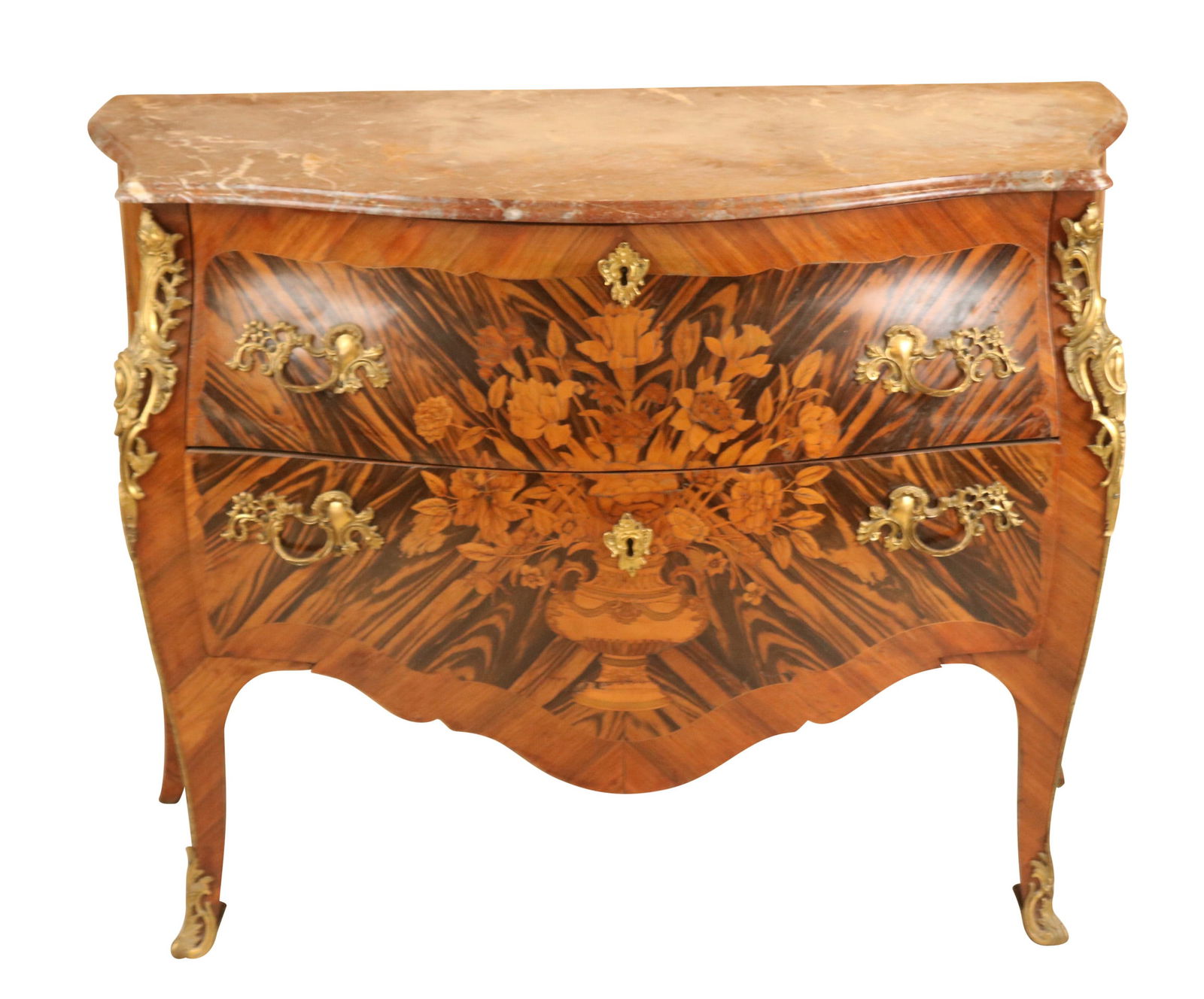 Louis XV Marquetry Inlaid Marble Top Commode: Louis XV Marquetry Inlaid Marble Top CommodeFrench, 18th C. inlaid with bouquets of flowers.Surface distress and wear.35 x 47 3/4 x 25 in. (88.9 x 121.3 x 63.5 cm.)