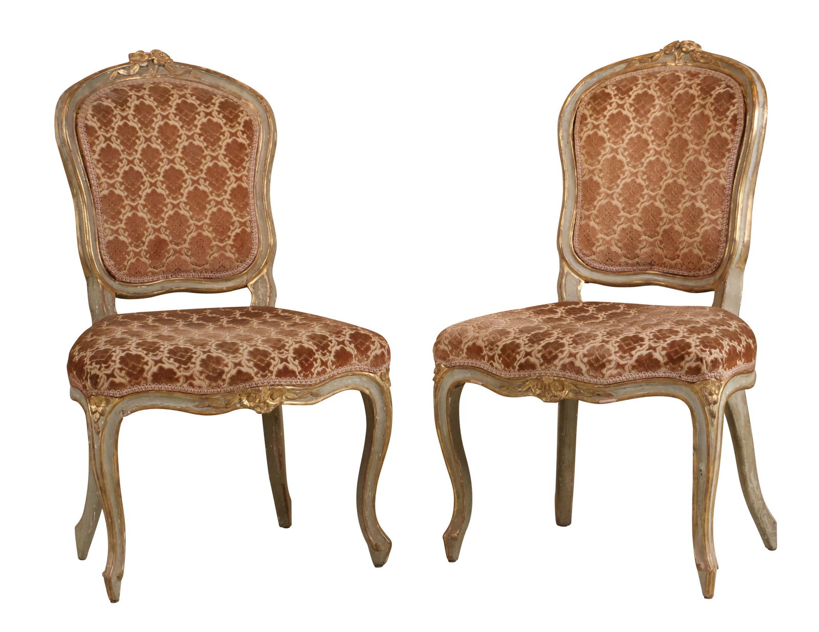 Pair of Louis XV Gilt and Painted Chaises en Cabriolet: Pair of Louis XV Gilt and Painted Chaises en CabrioletFrench, 18th C. with velvet upholstery.Losses, wear, surface distress.Provenance: Parke Bernet, Lot 343, Nov. 1, 1975, $80035 3/4 x 21 x 17 in. (9