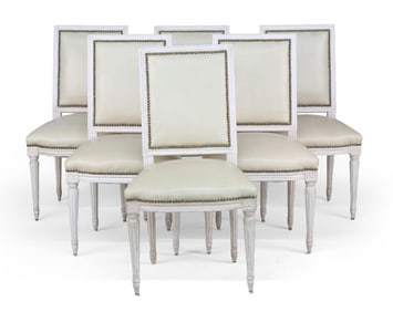 Six Louis XVI Style White Painted Upholstered Dining Chairs