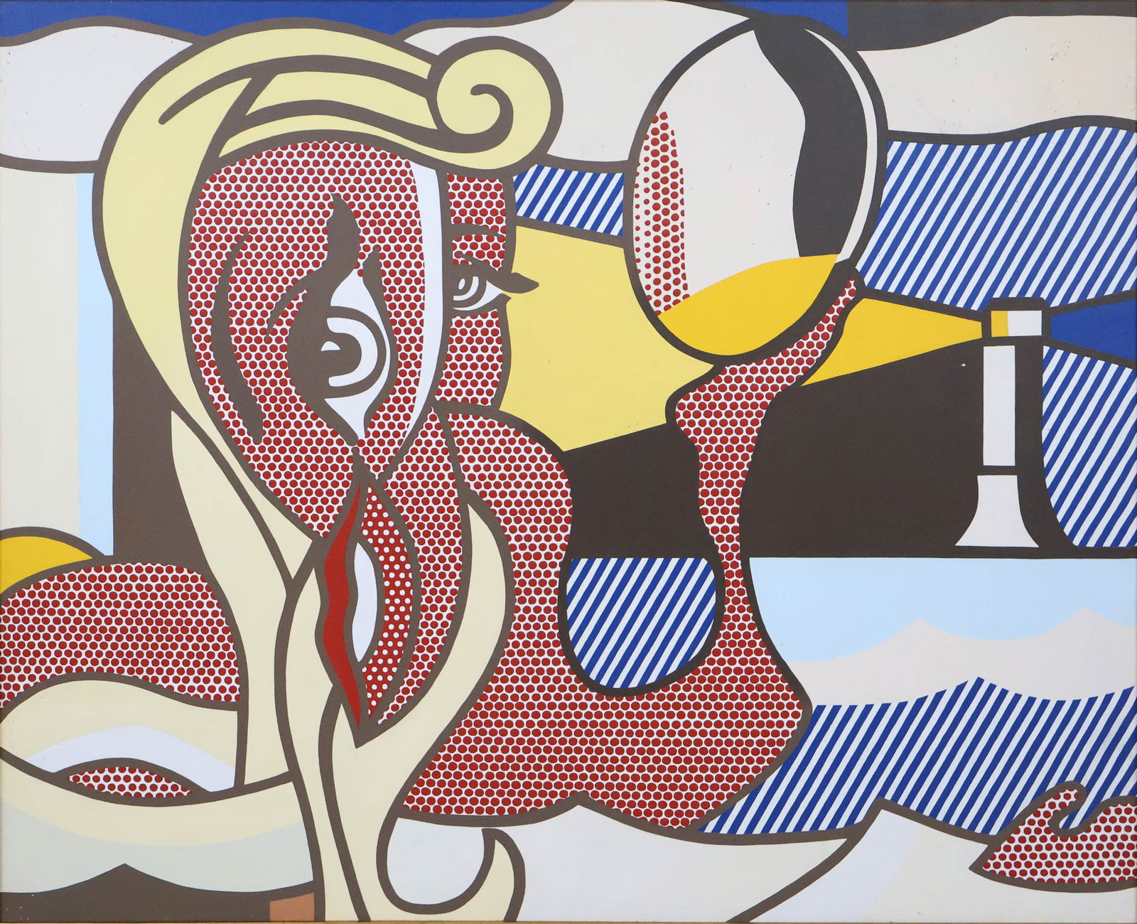 After Roy Lichtenstein, 1923-1997, Untitled (Swimming Figure with Mirror), Print on Canvas: After Roy Lichtenstein1923-1997Untitled (Swimming Figure with Mirror)Print on CanvasUnsigned and unmarked.Sight: 34 3/4 x 41 1/2 in. (88.3 x 105.4 cm.), Frame: 36 3/4 x 43 1/2 in. (93.3 x 110.5 cm.)