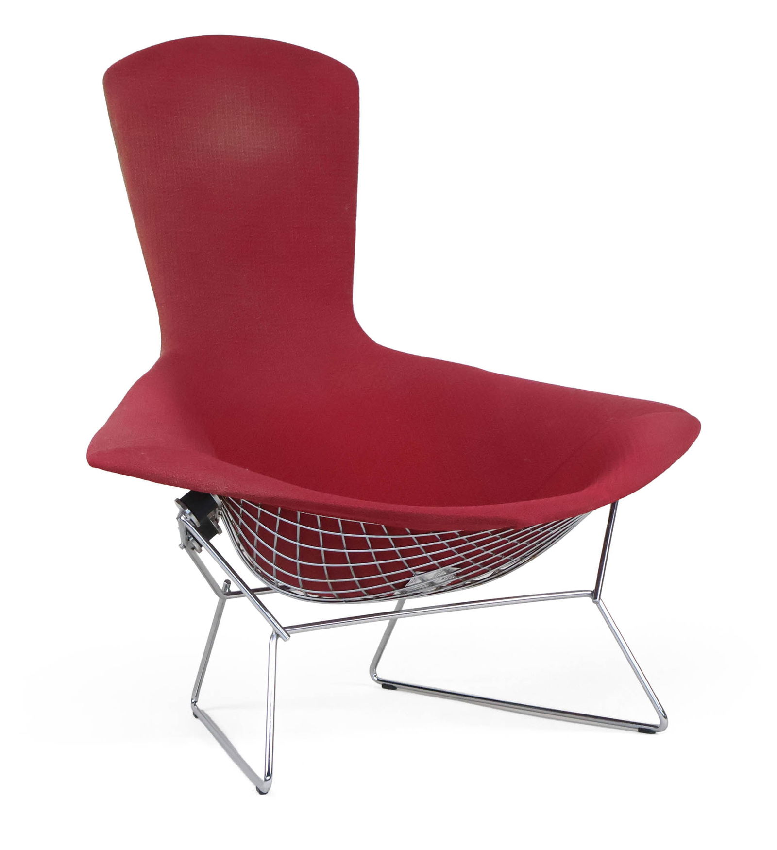 Harry Bertoia Bird Chair: Harry Bertoia Bird ChairWith red upholstery.Some stains to fabric.38 1/4 x 38 x 35 in. (97.2 x 96.5 x 88.9 cm.)