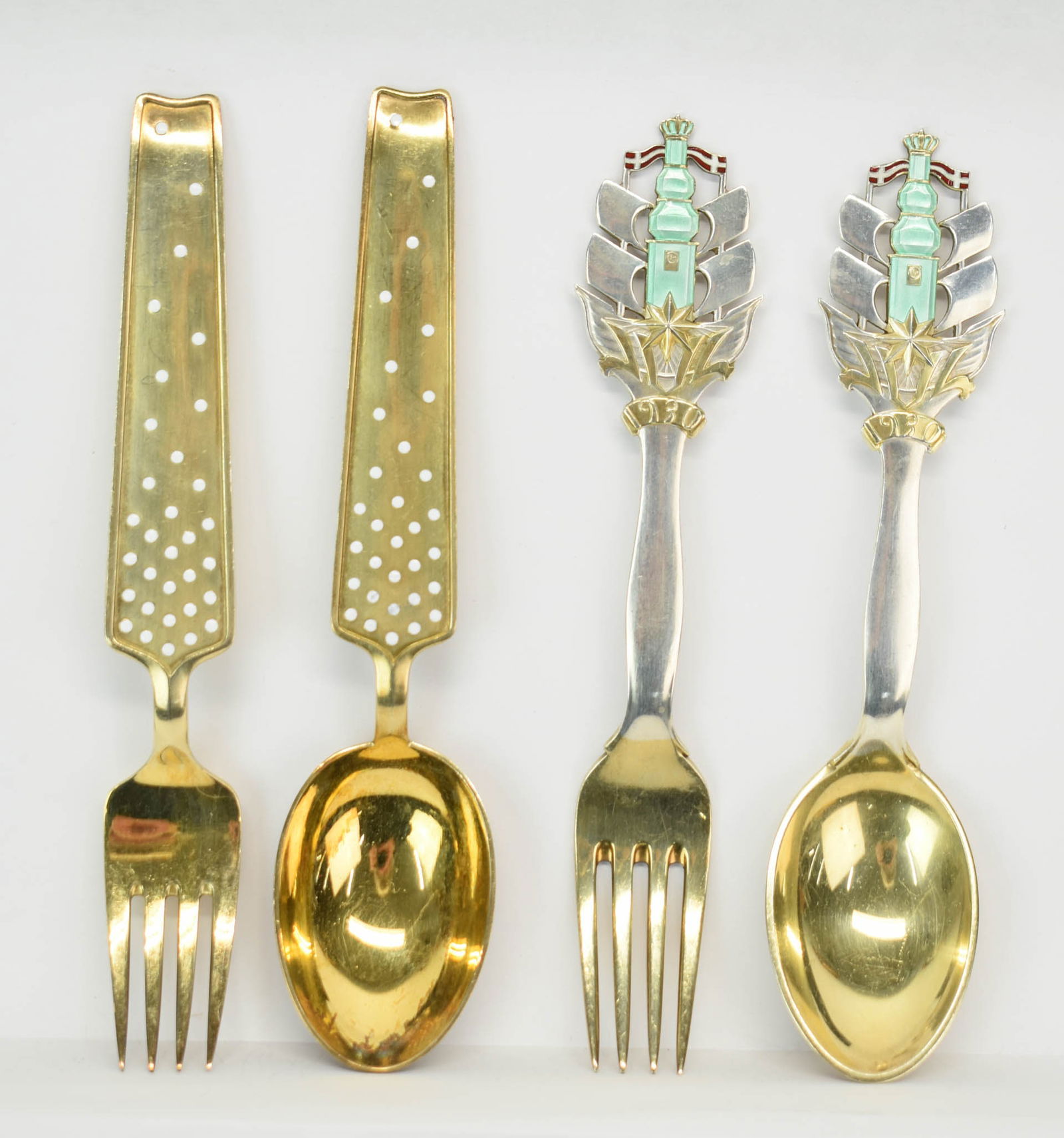 A. Michelsen Danish Sterling Silver Christmas Spoons & Forks: A. Michelsen Danish Sterling Silver Christmas Spoons & ForksA. Michelsen Danish Sterling Silver Christmas Spoons & Forks, 2 sets: one set 1930 Christmas in Port design, by Arne Bang, the other set 194