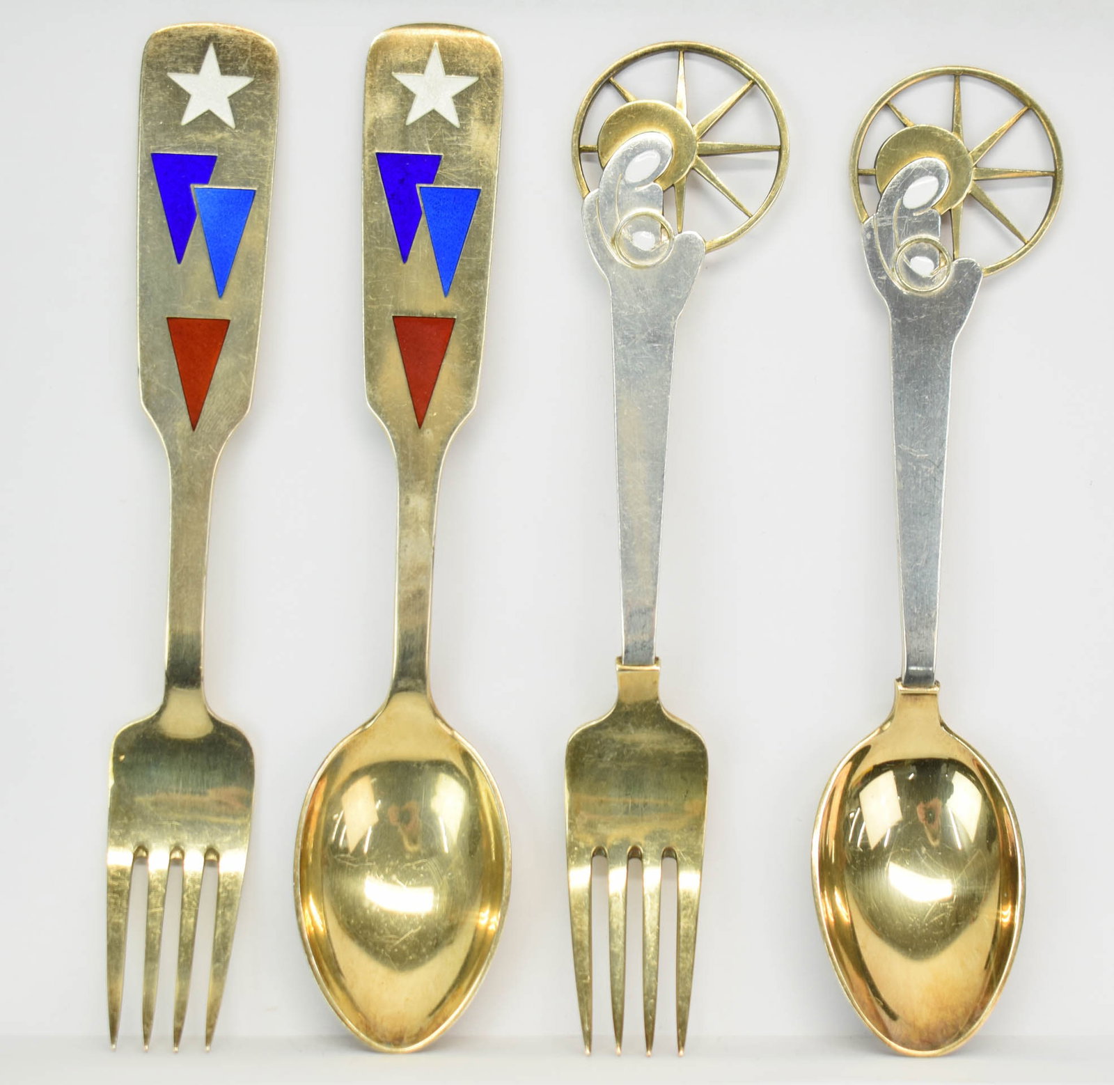 A. Michelsen Danish Sterling Silver Christmas Spoons & Forks: A. Michelsen Danish Sterling Silver Christmas Spoons & Forks A. Michelsen Danish Sterling Silver Christmas Spoons & Forks, 2 sets: one set 1954 Cornets design by Soren Sass, marked "JUL 1954" on