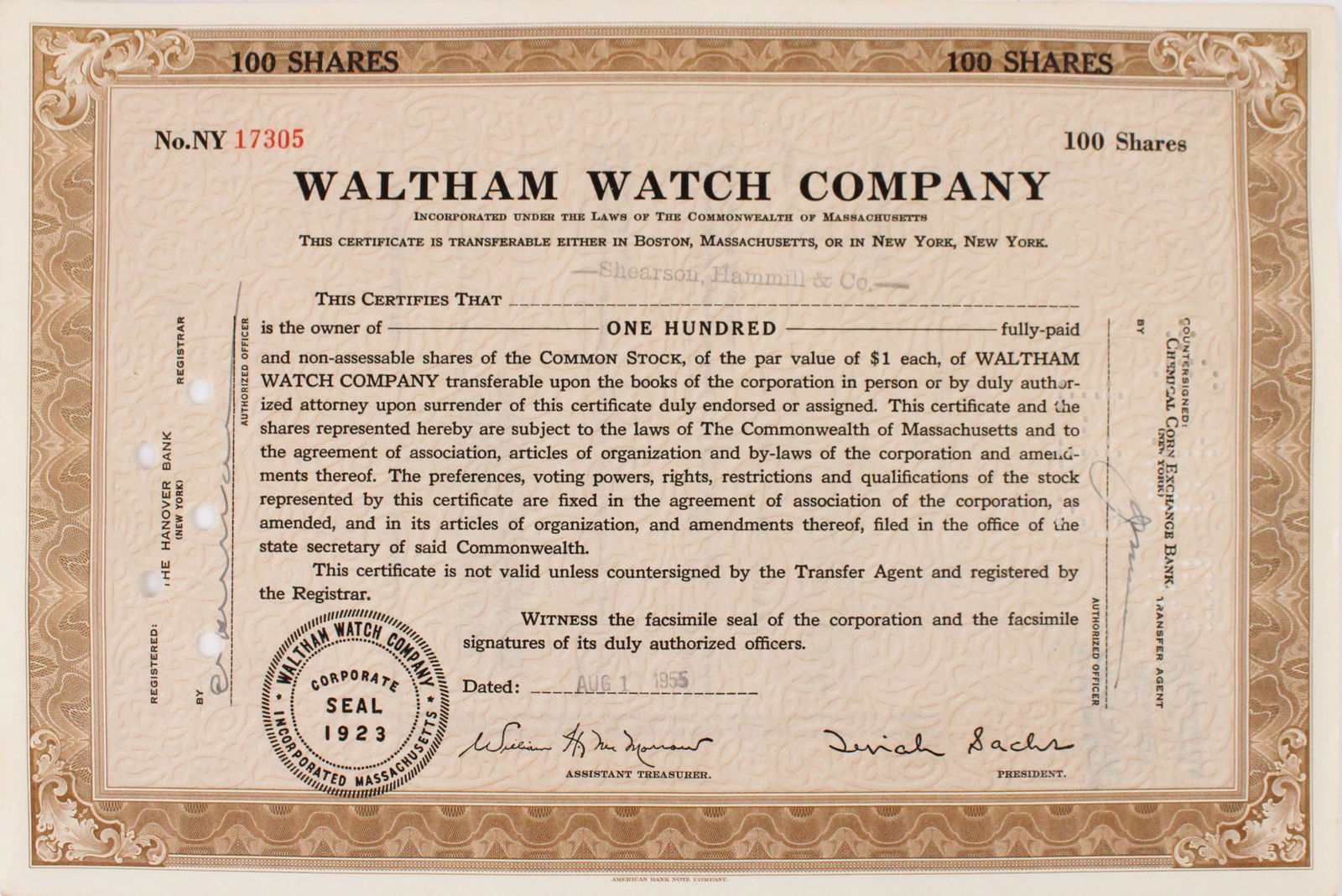 Sixty-Four Waltham Watch Co. Stock Certificates (1 of 14)