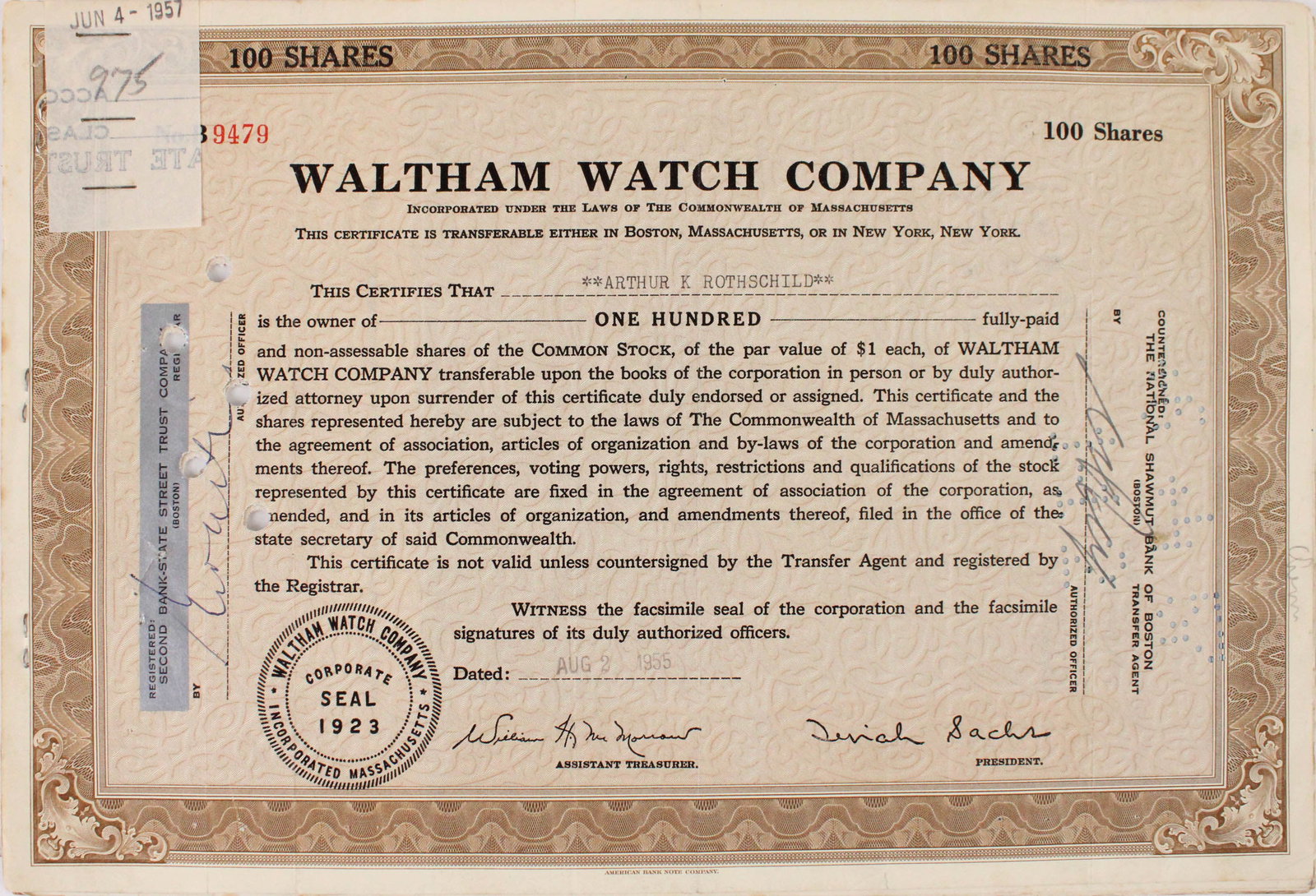 Sixty-Four Waltham Watch Co. Stock Certificates (1 of 9)