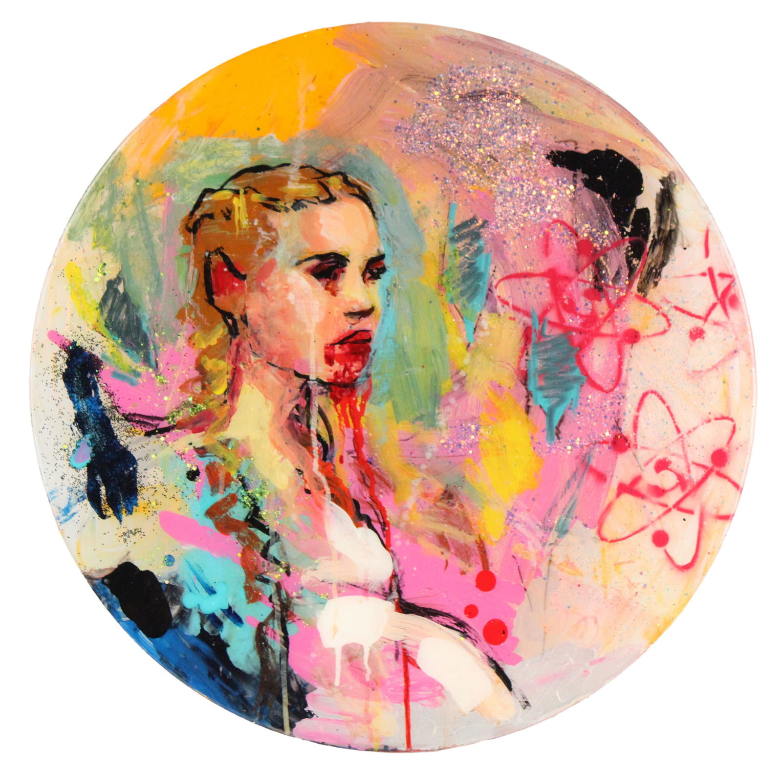 Portrait of a Woman, Mixed Media on Circular Lucite Panel: Portrait of a WomanMixed Media on Circular Lucite PanelAppears to be unsigned.24 1/4 x 24 1/4 in. (61.6 x 61.6 cm.)