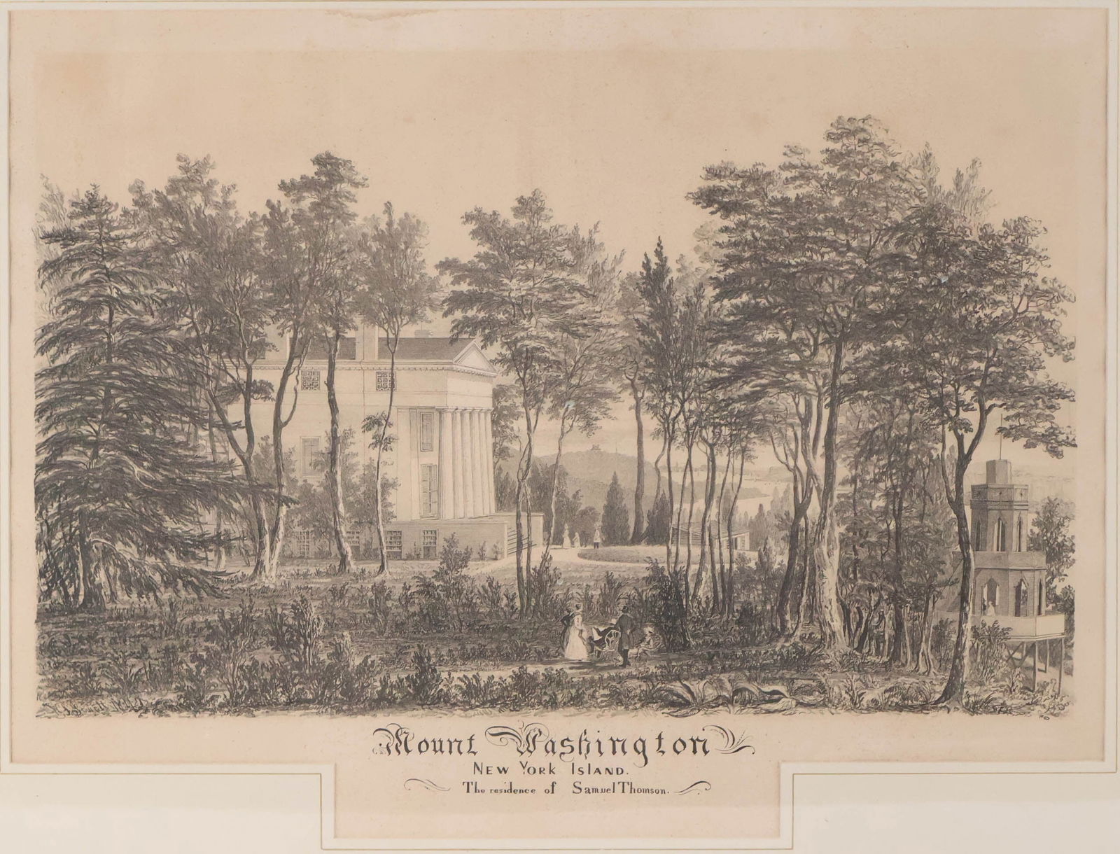 William Jewett, Mt. Washington on New York Island, Lithograph: William Jewett Mt. Washington on New York Island Lithograph Residence of Samuel Thomson, 1847. Thomson was one of 19th Century NY's leading builders. For an identical example, see Metropolitan