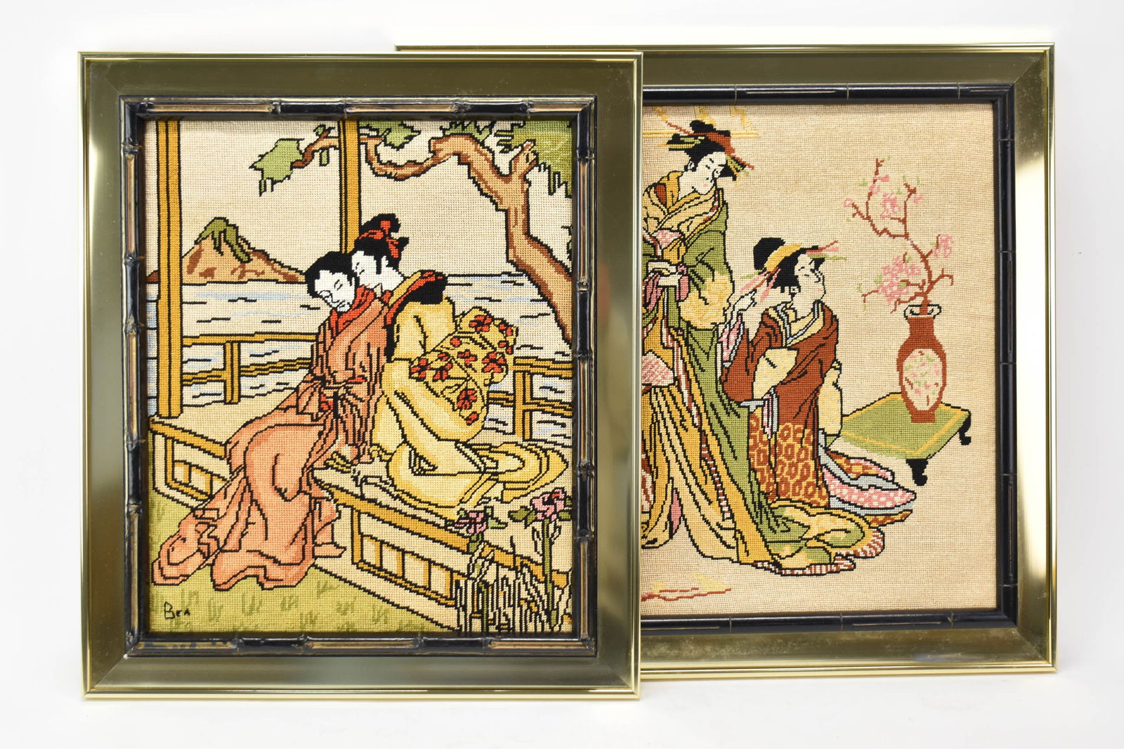 Two MCM Japanese Motif Needlepoints: Two MCM Japanese Motif Needlepoints Two Mid-Century Modern Japanese Motif Needlepoints framed in beautiful goldtone metal with black wood faux bamboo trim, both signed "Bea" in vibrant colors; used