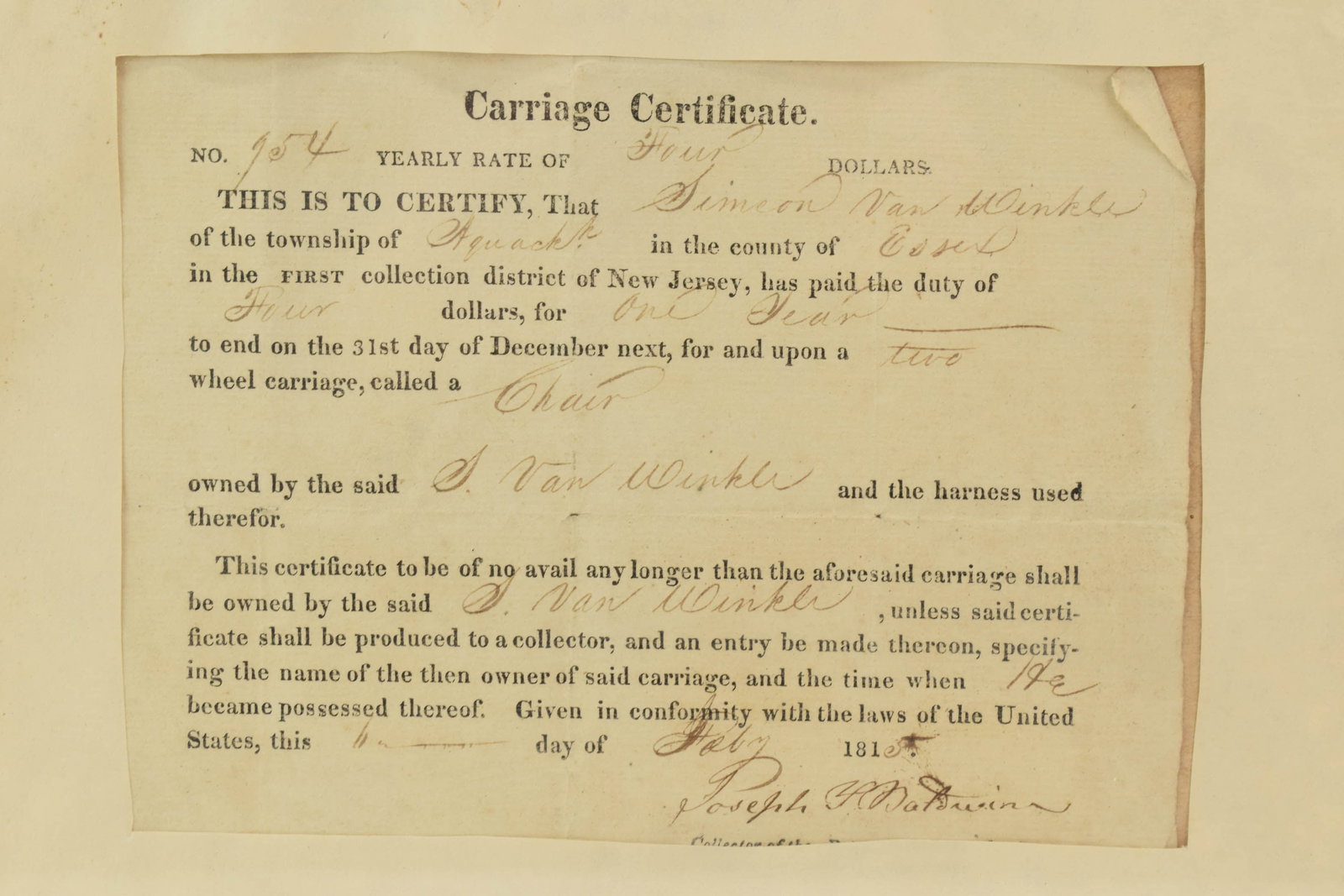 Antique Essex County NJ Framed Carriage Certificate from 1815 (1 of 4)