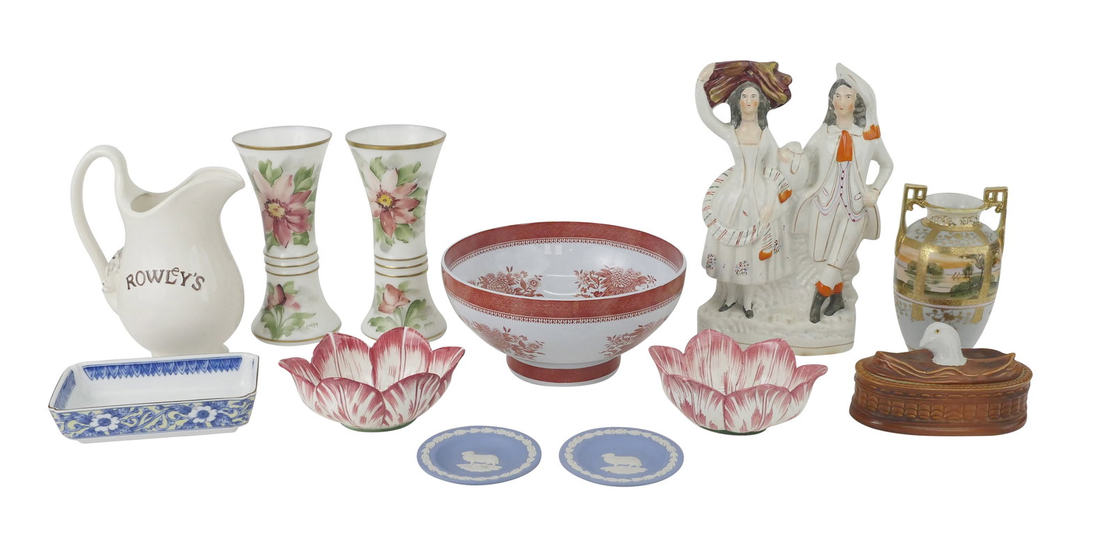Twelve Porcelain and Glass Table Articles: Twelve Porcelain and Glass Table Articles Comprising, a Staffordshire "Harvest" figure, a Spode Fitzhugh serving bowl, an Oven King bird-head tureen, a Nippon gilt double handled vase, two Wedgwood