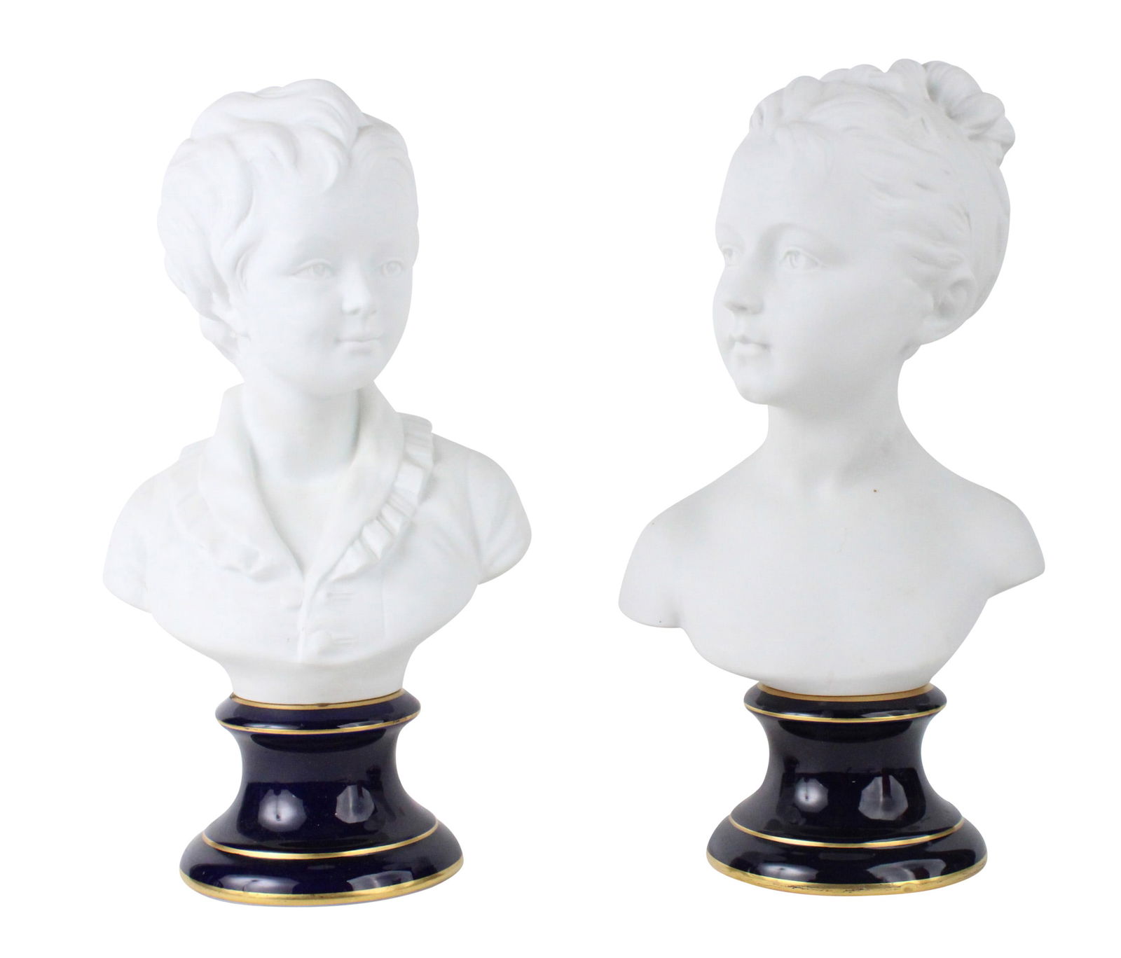 Pair of Porcelain Busts Louise & Alexandre Brongniart: Pair of Porcelain Busts Louise & Alexandre BrongniartProbably Limoges, marks faded underside. After Jean-Antoine Houdon (French, 1741-1828).15 3/4 x 9 1/4 x 5 1/4 in. (40 x 23.5 x 13.3 cm.)