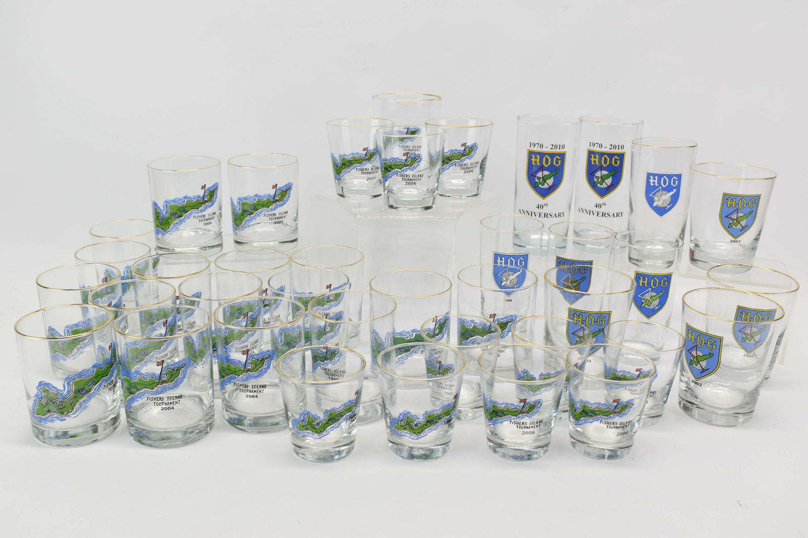 Group of Thirty-Eight Assorted Fishers Island, NY Drinking Glasses: Group of Thirty-Eight Assorted Fishers Island, NY Drinking Glasses Group of Thirty-Eight Assorted Fishers Island, NY Drinking Glasses Used condition, wear, worn, some gilt wear. 10 Short: 3 1/4"h x