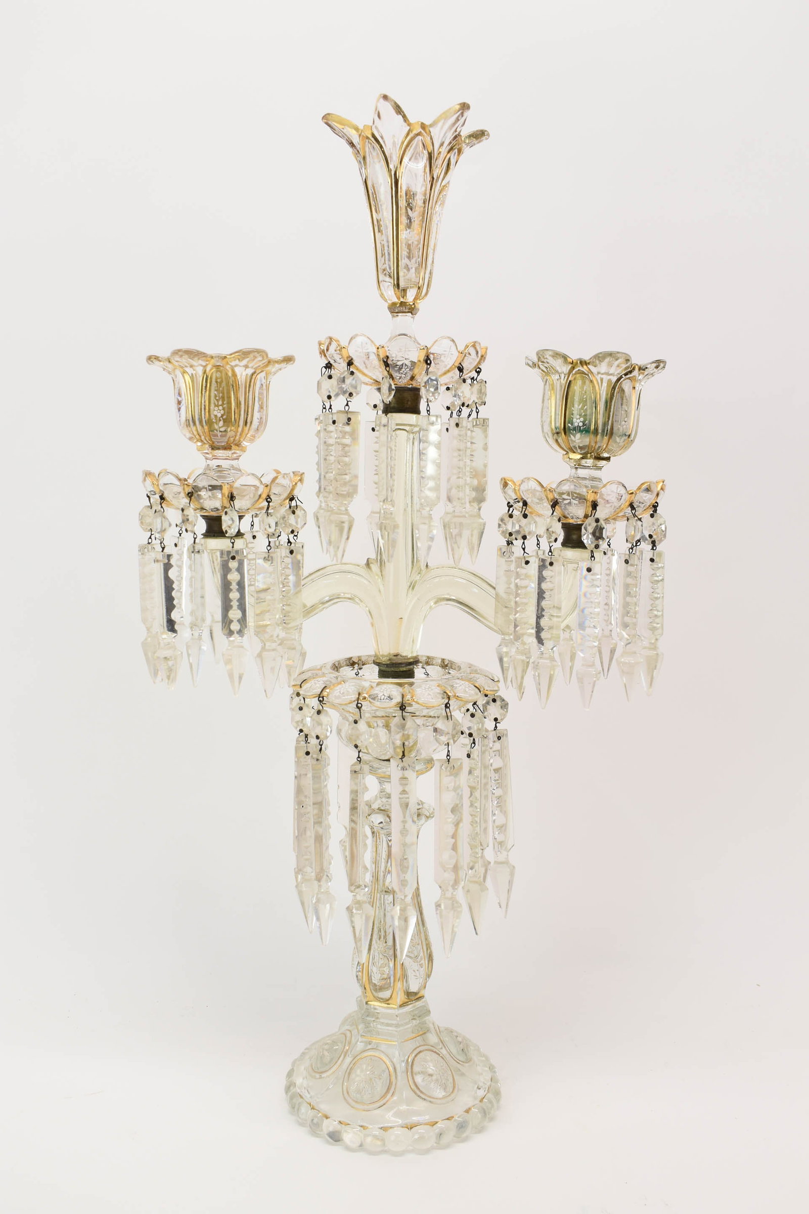Early Baccarat Parcel-Gilt Glass Candelabrum: Early Baccarat Parcel-Gilt Glass CandelabrumEarly Baccarat Parcel-Gilt Glass Candelabrum, with removeable center section.Used condition, wear, worn. 19 1/4"h x 12 3/4"w x 5 1/4"d
