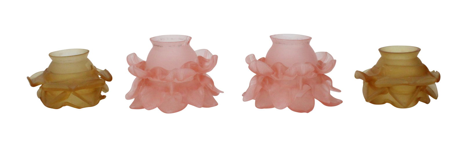 Four Flower-Form Art Glass Shades: Four Flower-Form Art Glass ShadesTwo pink and two amber.Chips and wear.Largest: 3 1/2 x 5 in. (8.9 x 12.7 cm.)