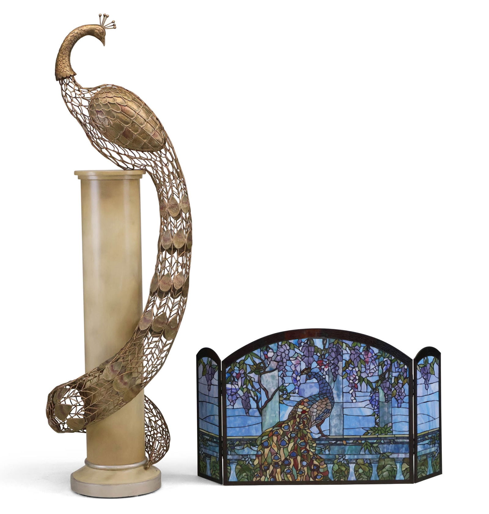 Gold Painted Mixed Media Sculpture of a Peacock: Gold Painted Mixed Media Sculpture of a PeacockOn attached column. Together with a folding stained glass panel of a peacock in a landscape. 2 piecesStained Glass Folded: 26 3/4 x 32 in. (67.9 x 81.3 c