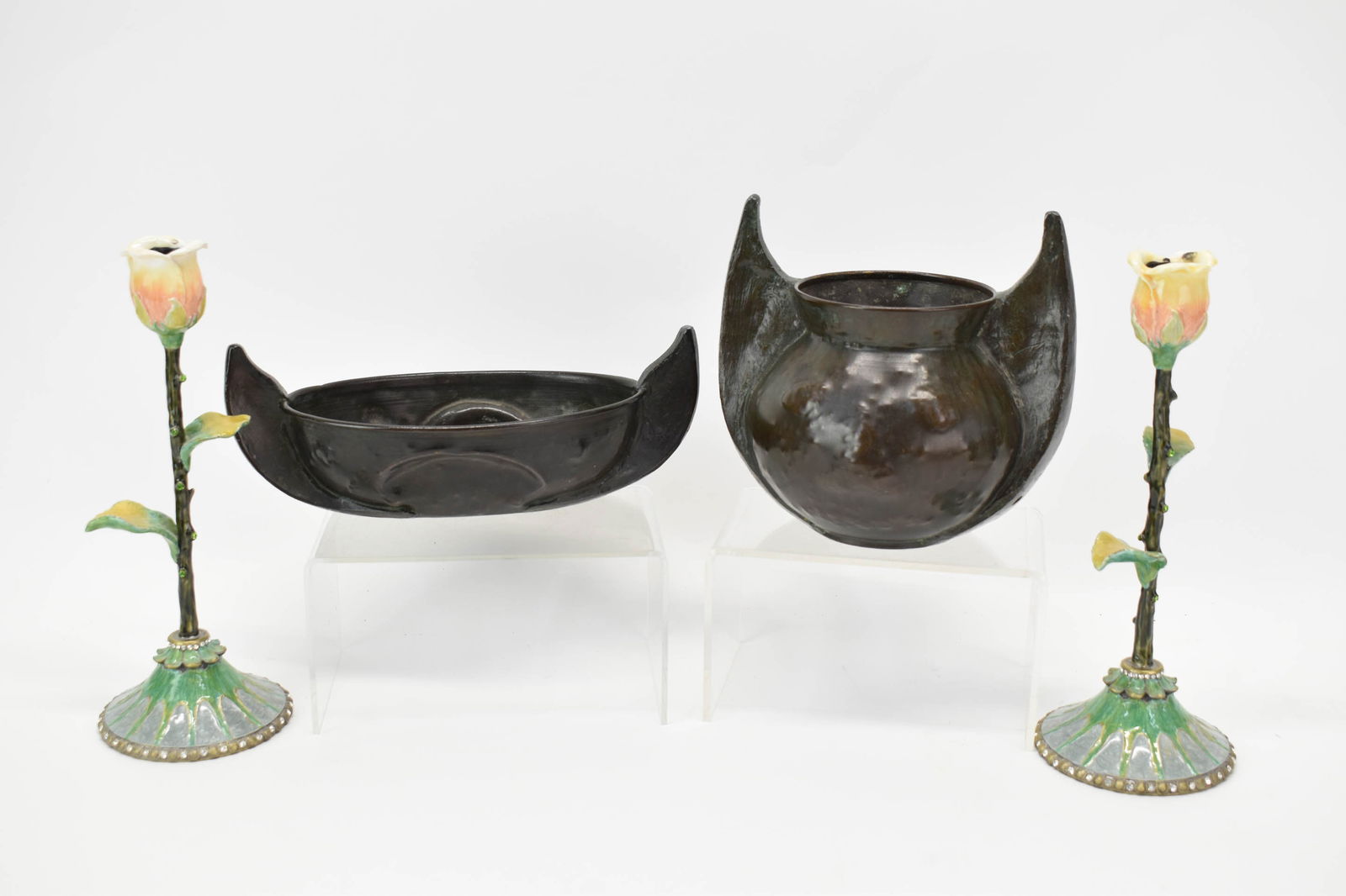 Two Art Nouveau Style Patinated Metal Planters: Two Art Nouveau Style Patinated Metal Planters Two Art Nouveau Style Patinated Metal Planters, marked underside. Together with a pair of Two's Company enamel and Austrian Crystal candlesticks with