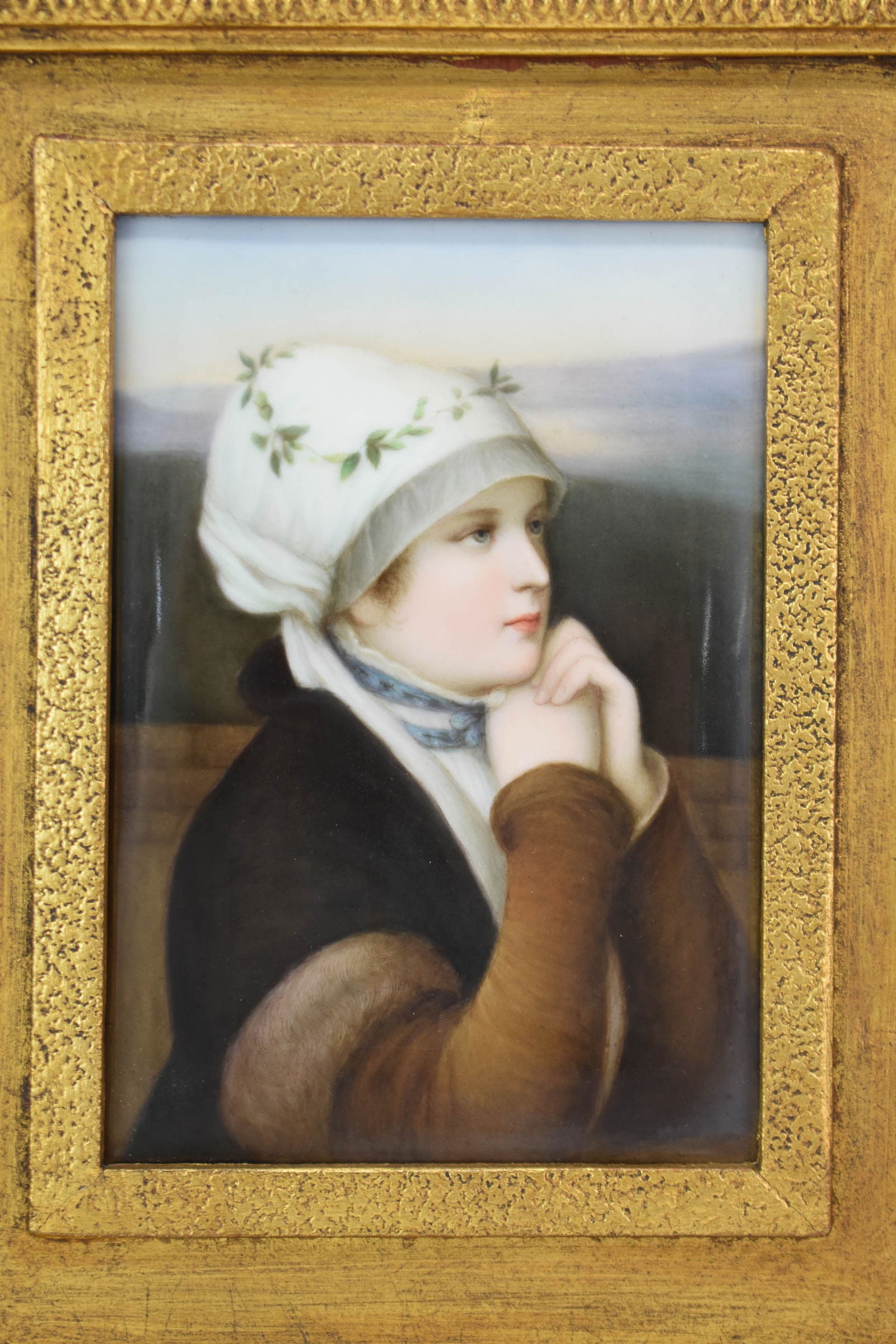 German Porcelain Plaque “In Prayer: German Porcelain Plaque “In Prayer” German Porcelain Plaque “In Prayer” after the painting “Im Gebet” by Friedrich August von Kaulbach, featuring a young girl praying, marked