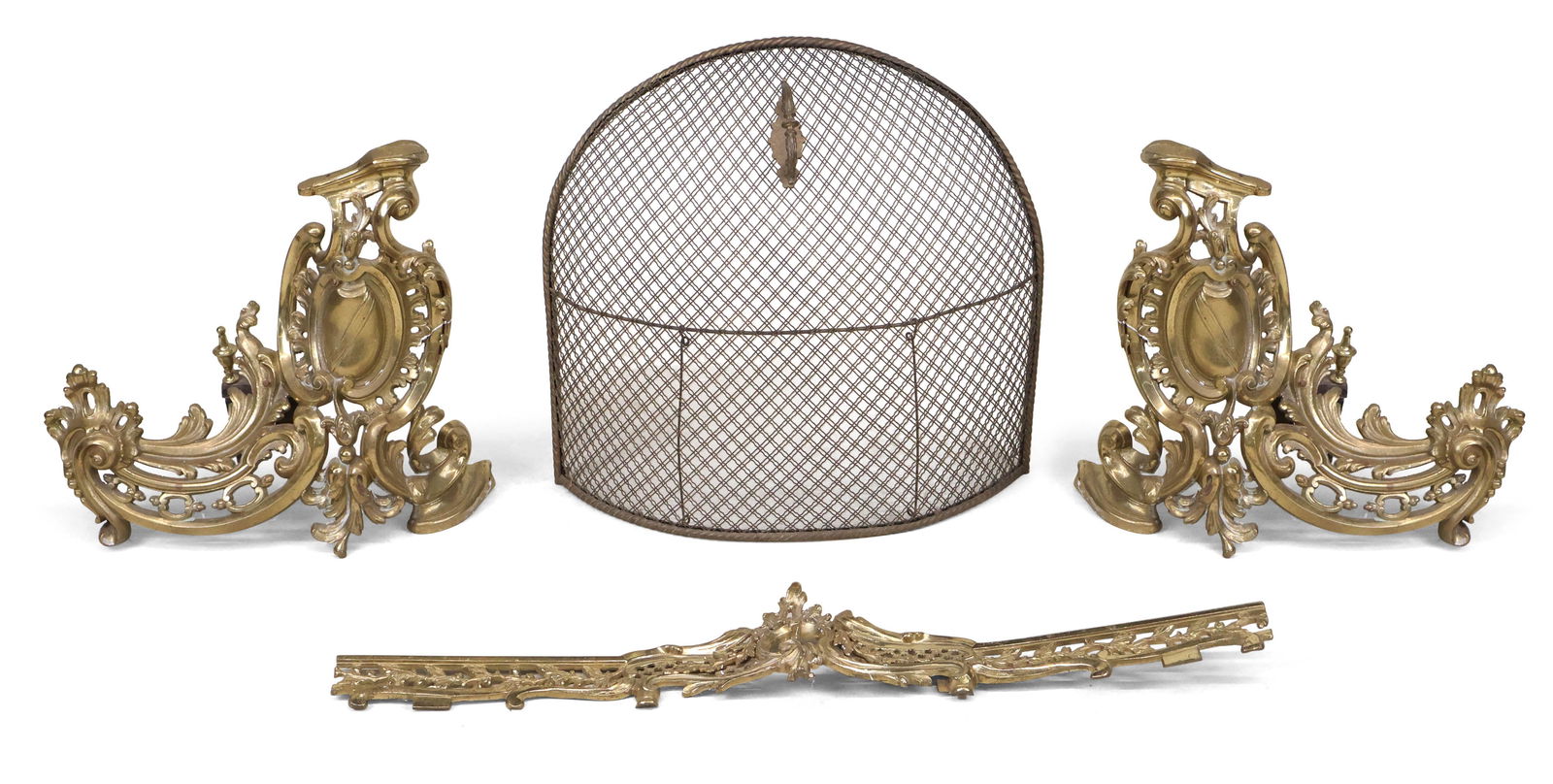 Pair of Rococo Style Ormolu Chenet: Pair of Rococo Style Ormolu Chenet 19th/20th C. Together with a domed wirework firescreen. Chenet: 14 1/2 x 18 x 5 in. (36.8 x 45.7 x 12.7 cm.)