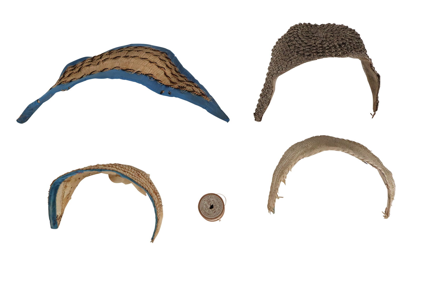 Four 19th C. Millinery Parts: Four 19th C. Millinery PartsOr hat fragments, some with trimmed in blue velvet and blue silk, some in woven straw. Together with a spool of "Silkateen" thread.x 16 in. ( x 40.6 cm.)