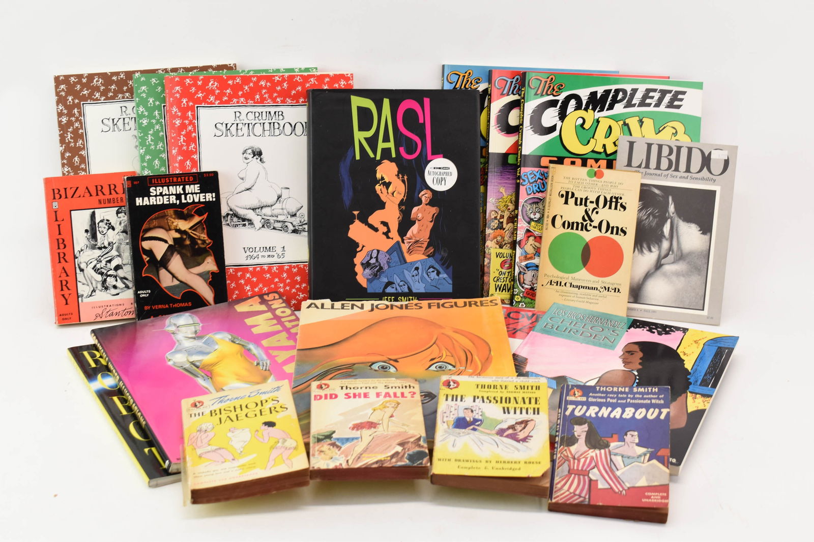 Group of 20 Assorted Erotica Books: Group of 20 Assorted Erotica Books Group of 20 Assorted Erotica Books. Including Love and Rockets vol 1 and 2. Robot Sex Hajime Sorayama, Allan Jones figures, Autographed copy of RASL by Jeff Smith,