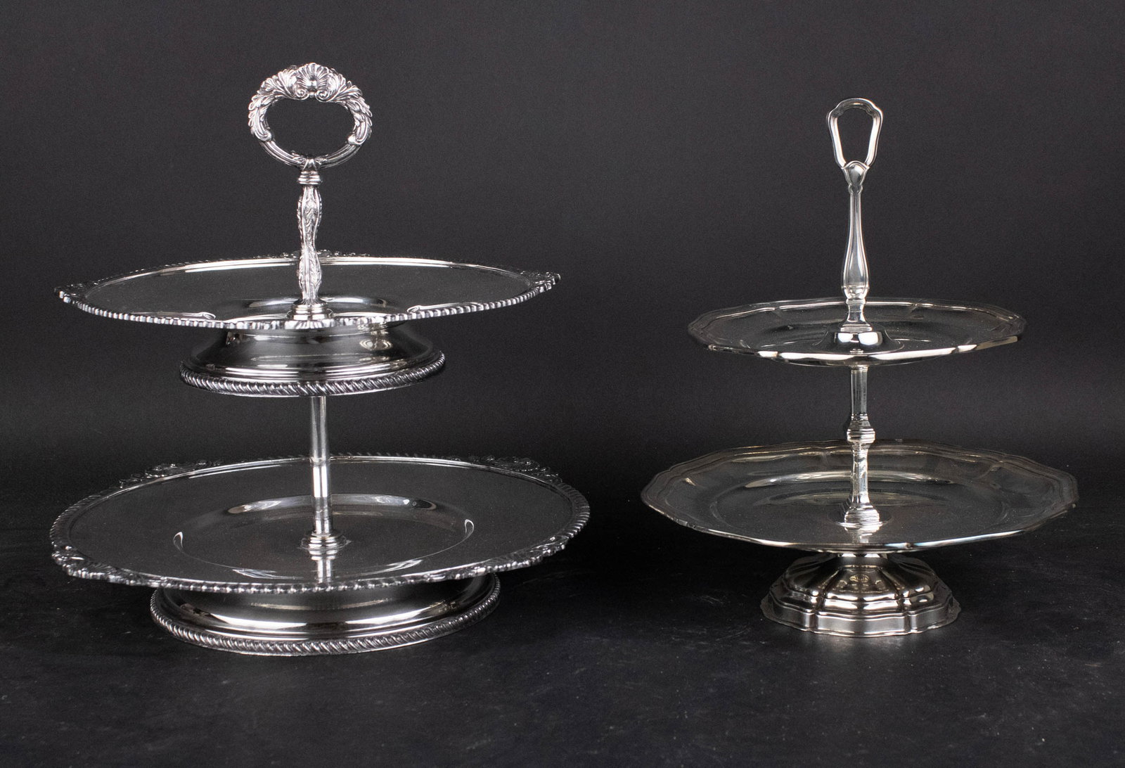 800 Silver Two Tiered Stand: 800 Silver Two Tiered Stand Together with a silver plated two tiered stand. 13 1/2"h and 12"h