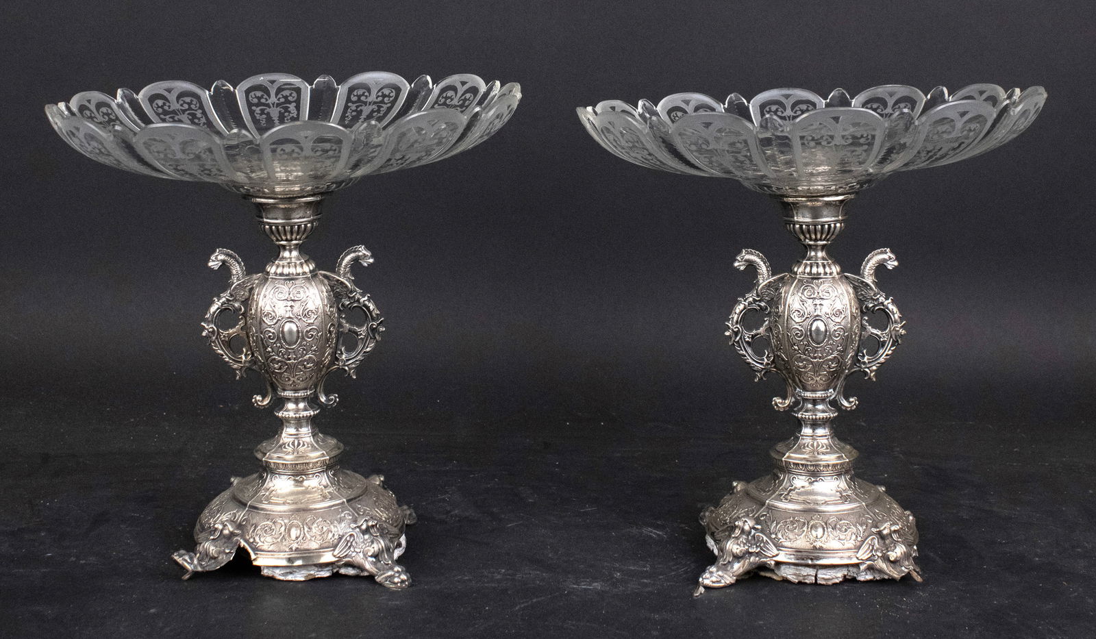 Pair of Continental Silver Plated and Glass Tazzas: Pair of Continental Silver Plated and Glass Tazzas 10 in. (25.4 cm.)