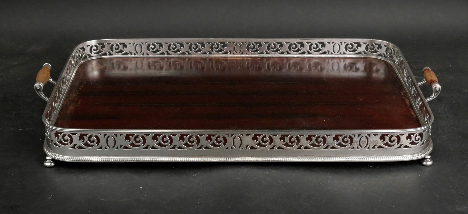 Gorham Sterling Silver and Wood Tray: Gorham Sterling Silver and Wood Tray Of impressive size. Rectangular with reticulated gallery. 15 x 22 in. (38.1 x 55.9 cm.)
