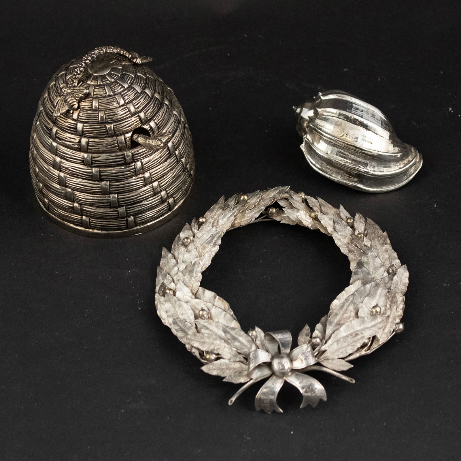 Whimsical Bee Hive Honey Pot: Whimsical Bee Hive Honey Pot By Godinger. Together with an engraved "1870" Continental silver wreath and a silver metal clad seashell. Approx. 3 t.o. 6 in. (15.2 cm.)
