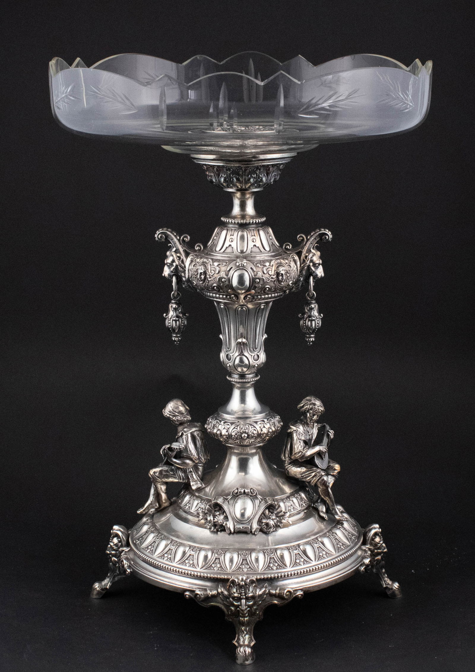 Continental 800 Silver and Glass Center Bowl: Continental 800 Silver and Glass Center Bowl With Neoclassical figures playing instruments. 16 in. (40.6 cm.)