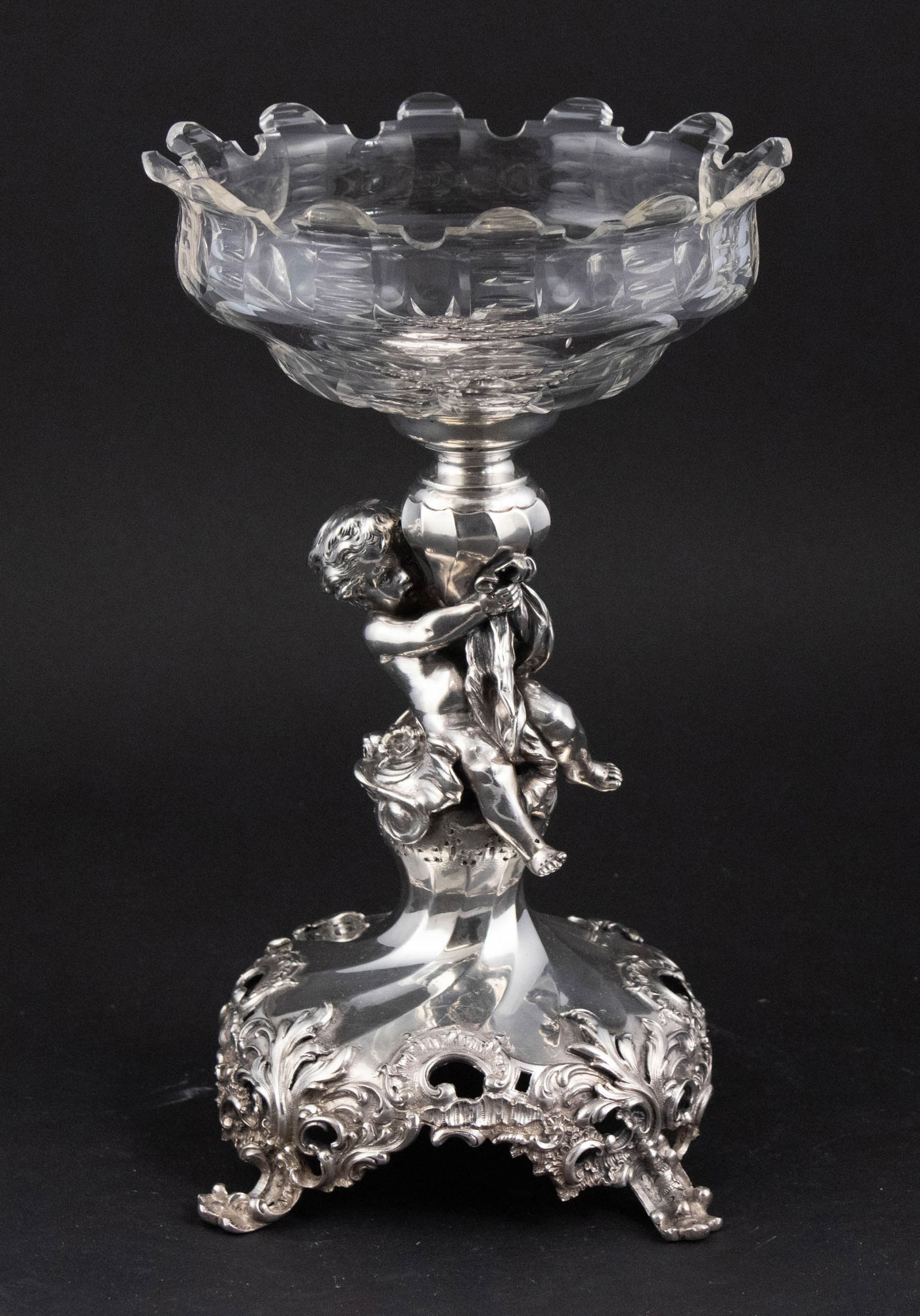 French Silver and Glass Center Bowl: French Silver and Glass Center Bowl With cherub. 11 1/2 in. (29.2 cm.)