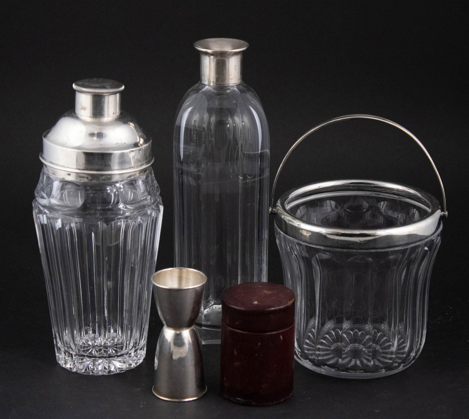 800 Silver and Glass Cocktail Shaker: 800 Silver and Glass Cocktail Shaker Together with a sterling and glass ice bucket, an 800 silver and glass decanter, a sterling jigger, and four sterling silver nesting cups in a leather travel box.