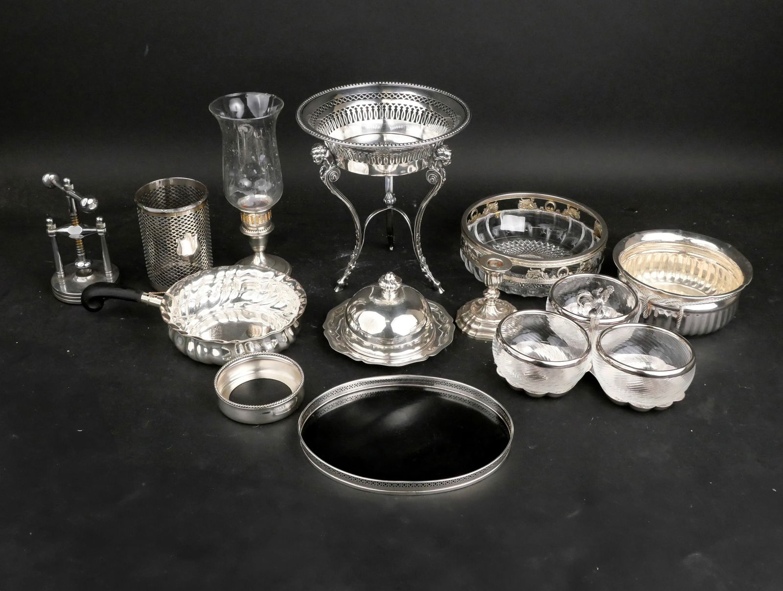 Parks London Rope Tied Plated Bowl: Parks London Rope Tied Plated Bowl Together with a three part condiment tray, a 835 covered dish with glass, a sterling shade, a 800 silver rimmed glass bowl, a 800 silver bowl with ebony handle, a