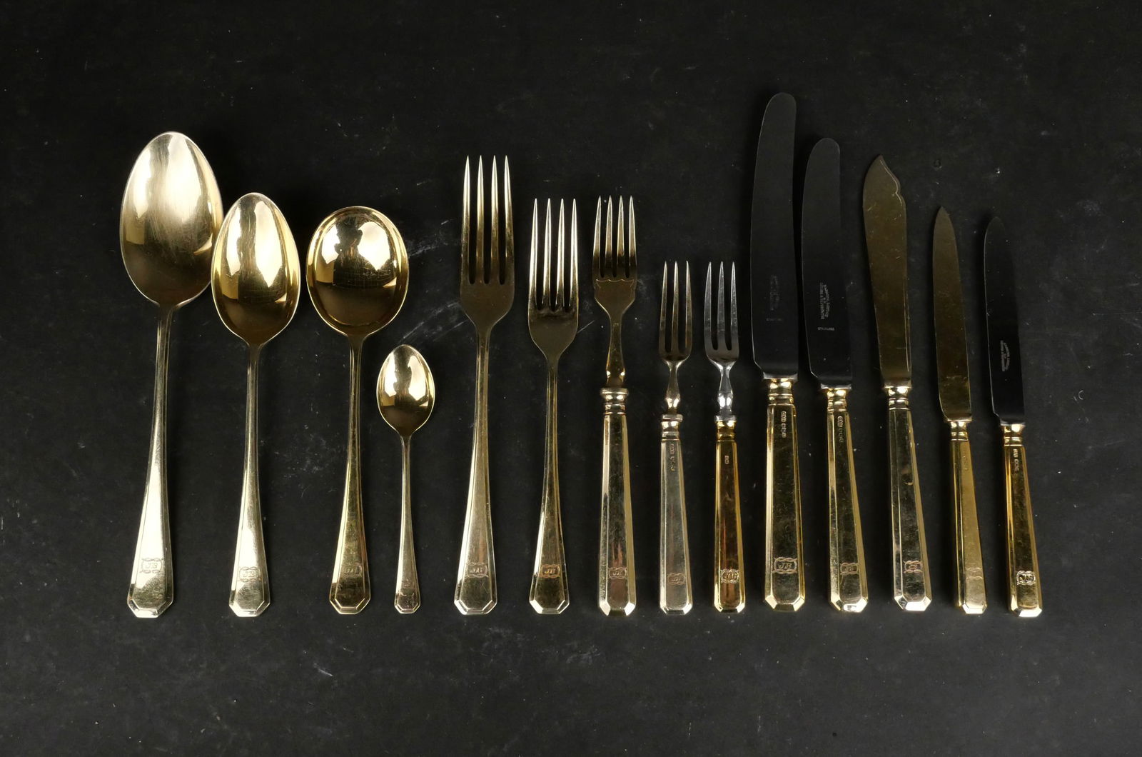 Gee and Holmes Gilt Silver Flatware Service: Gee and Holmes Gilt Silver Flatware Service English. Comprising: six tablespoons, twelve forks, 8"l, twelve forks, 7"l, twelve oval spoons, 7 1/4"l, twelve round soup spoons, 7"l, twelve fruit forks