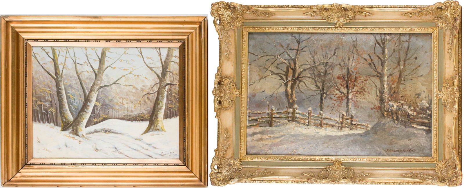Georg Fuhrmann-Randeck, 1892-1967, Snow Covered Fence, Oil on Board: Georg Fuhrmann-Randeck 1892-1967 Snow Covered Fence Oil on Board Signed l.r. Together with a winterscape oil on canvas, signed l.r. illegibly. Largest Sight: 13 1/4 x 19 in. (33.7 x 48.3 cm.),