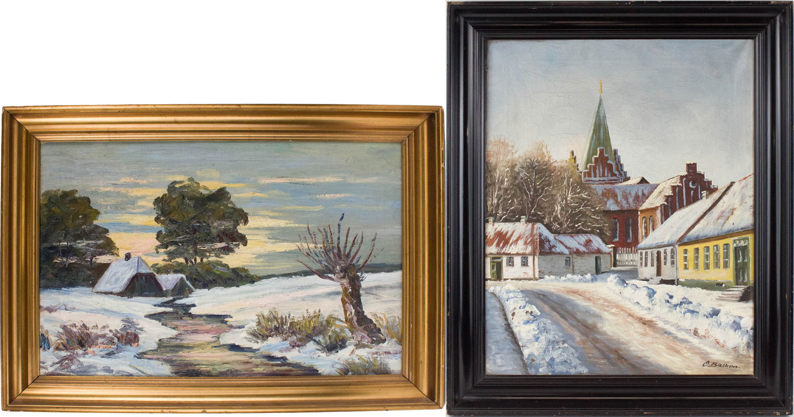 O Balken, Snow Covered Village, Oil on Canvas: O BalkenSnow Covered VillageOil on CanvasSigned l.r. Together with an oil on canvas winterscape with cabin and stream, appears to be unsigned, attributed to Danish artist "Godske"Largest Sight: 17 1/2