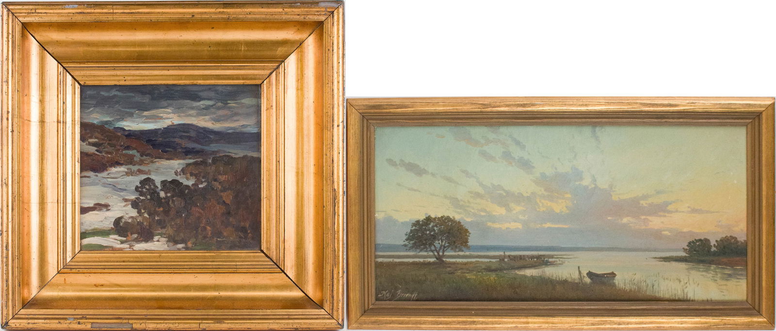 Kaj Berendt, Sunset over Marsh, Oil on Canvas: Kaj Berendt Sunset over Marsh Oil on Canvas Signed l.l. Together with an oil on board of an abstract landscape, signed illegibly l.r. Board warped. Berenoff Sight: 12 1/4 x 21 3/4 in. (31.1 x 55.2