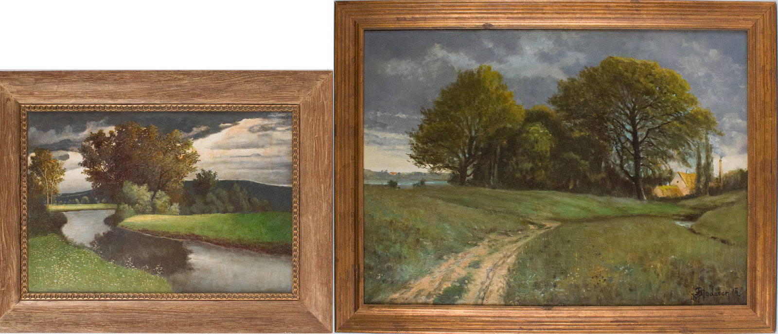 Aage Gjodesen, Danish 1863 - 1939, Bucolic Landscape, Oil on Canvas: Aage Gjodesen Danish, 1863 - 1939 Bucolic Landscape Oil on Canvas Signed l.r. Together with an oil on board bucolic landscape with river, appears to be unsigned. Largest Sight: 19 x 26 1/2 in. (48.3
