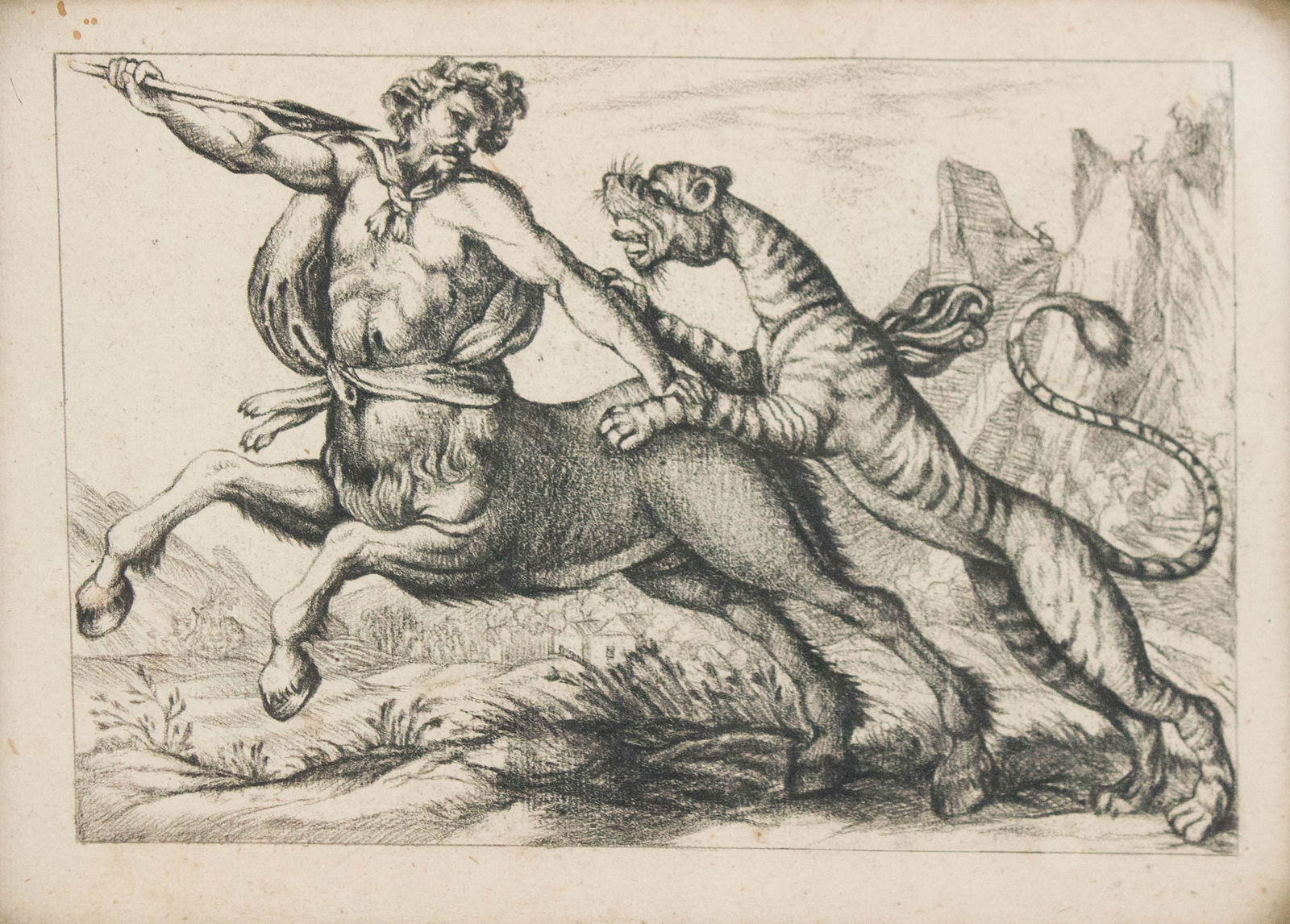 After Antonio Tempesta, 1555-1630, A Tiger Fighting a Centaur, Charcoal and Pencil on Paper: After Antonio Tempesta 1555-1630 A Tiger Fighting a Centaur Charcoal and Pencil on Paper Sight: 8 x 11 1/4 in. (20.3 x 28.6 cm.), Frame: 13 3/4 x 17 in. (34.9 x 43.2 cm.)