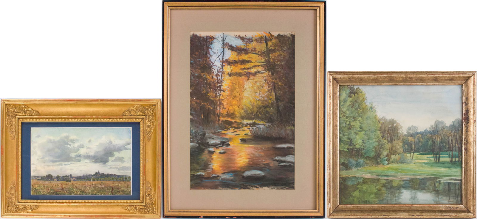 Paul Hauptmann, 1887-1958, View of Village Across a Field, Watercolor and Gouache: Paul Hauptmann 1887-1958 View of Village Across a Field Watercolor and Gouache Signed l.r."P. Hauptmann/Acy-Romane France". Together with a pastel on paper of an autumnal river scene, signed "John