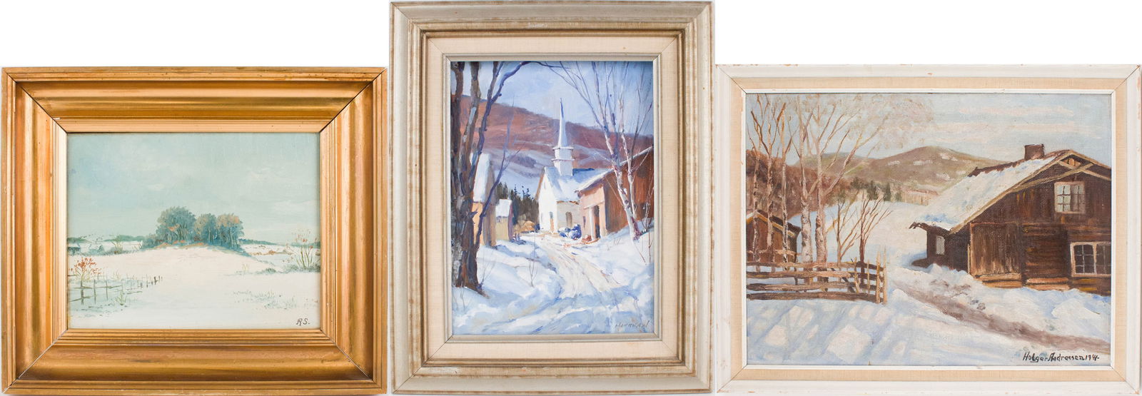 Holger Andraesen, Log Cabin in Winter, Oil on Canvas: Holger Andraesen Log Cabin in Winter Oil on Canvas Signed l.r. and dated 1941. Together with an oil on Masonite of a snow covered village, signed l.r. "Harrigan" and an oil on canvas of a winter