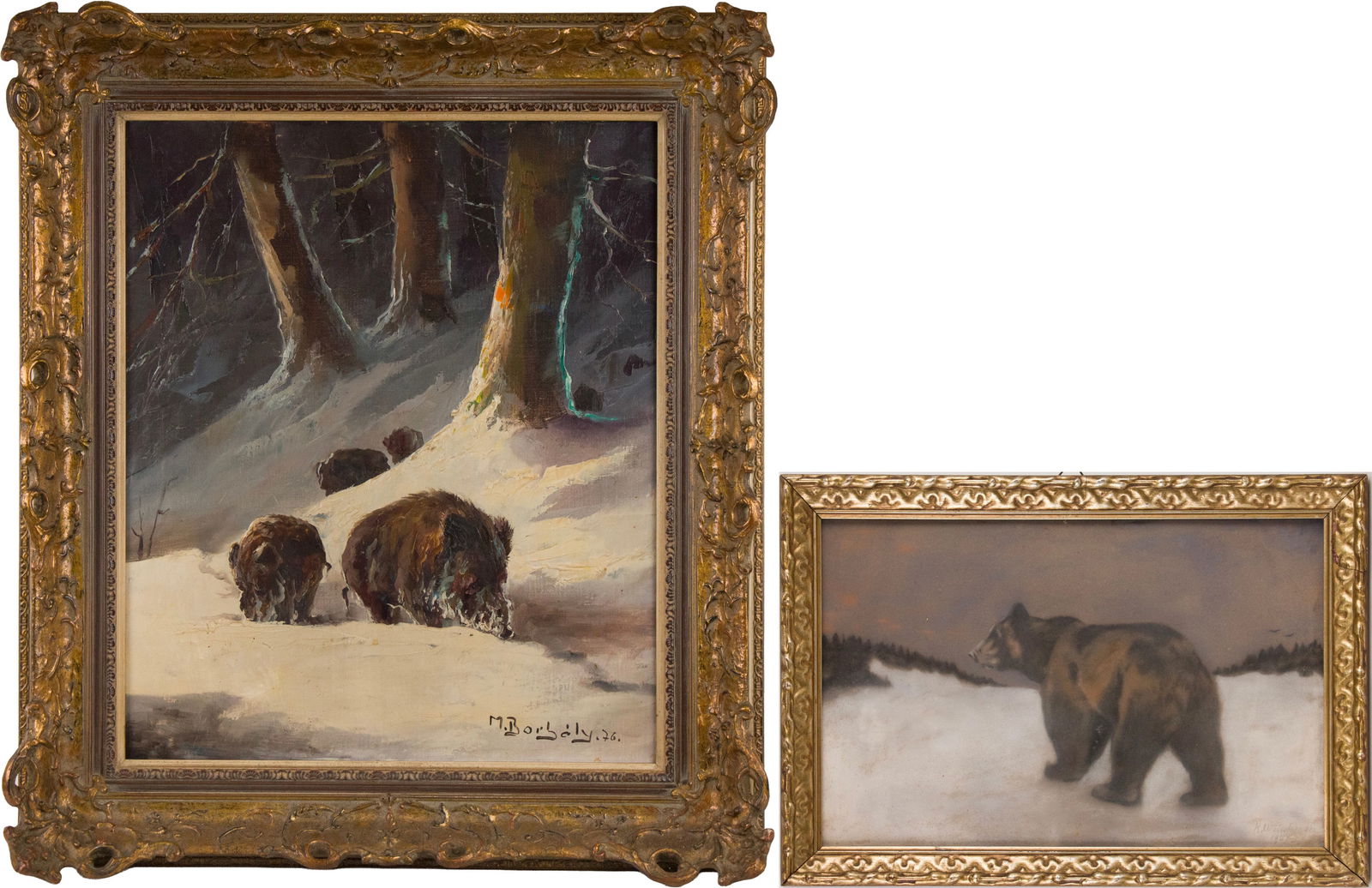 Michael Borbely, 1923-, Wild Boars in Snow, Oil on Canvas: Michael Borbely 1923- Wild Boars in Snow Oil on Canvas Signed l.r. and dated '76. Together with a bear in snowy landscape, pastel on paper, signed "K. Weinberger 1923" l.r. Largest Sight: 23 x 19
