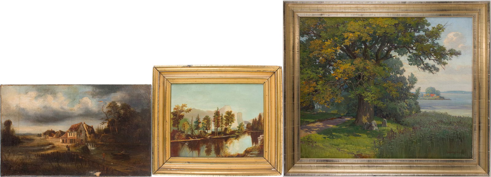 Arnold Lyongrün, 1871-1935, Early Fall Landscape, Oil on Canvas: Arnold Lyongrün 1871-1935 Early Fall Landscape Oil on Canvas Signed l.r. Together with two oil on canvas paintings, one of a village and one of Yosemite Valley, Merced River. Losses to paint, tears.