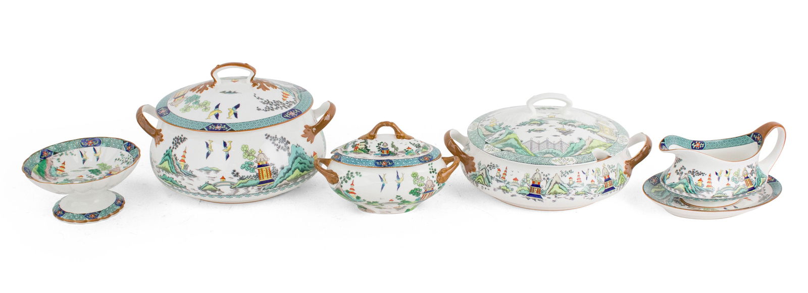 Five "Chinese Willow" Pattern Serving Pieces: Five "Chinese Willow" Pattern Serving Pieces Comprising, a Crown Staffordshire sauce tureen, a Crown Staffordshire covered serving dish, a Coalport covered tureen, a Coalport gravy boat and