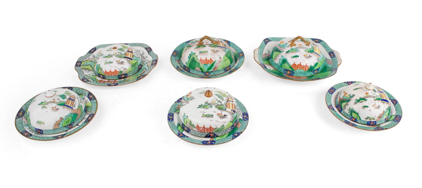 Six "Chinese Willow" Pattern Butter Dishes: Six "Chinese Willow" Pattern Butter Dishes Comprising, two Aynsley, a Coalport, and three Staffordshire. Lids and plates possibly associated. Largest: 4 1/4 x 10 x 8 3/4 in. (10.8 x 25.4 x 22.2 cm.)
